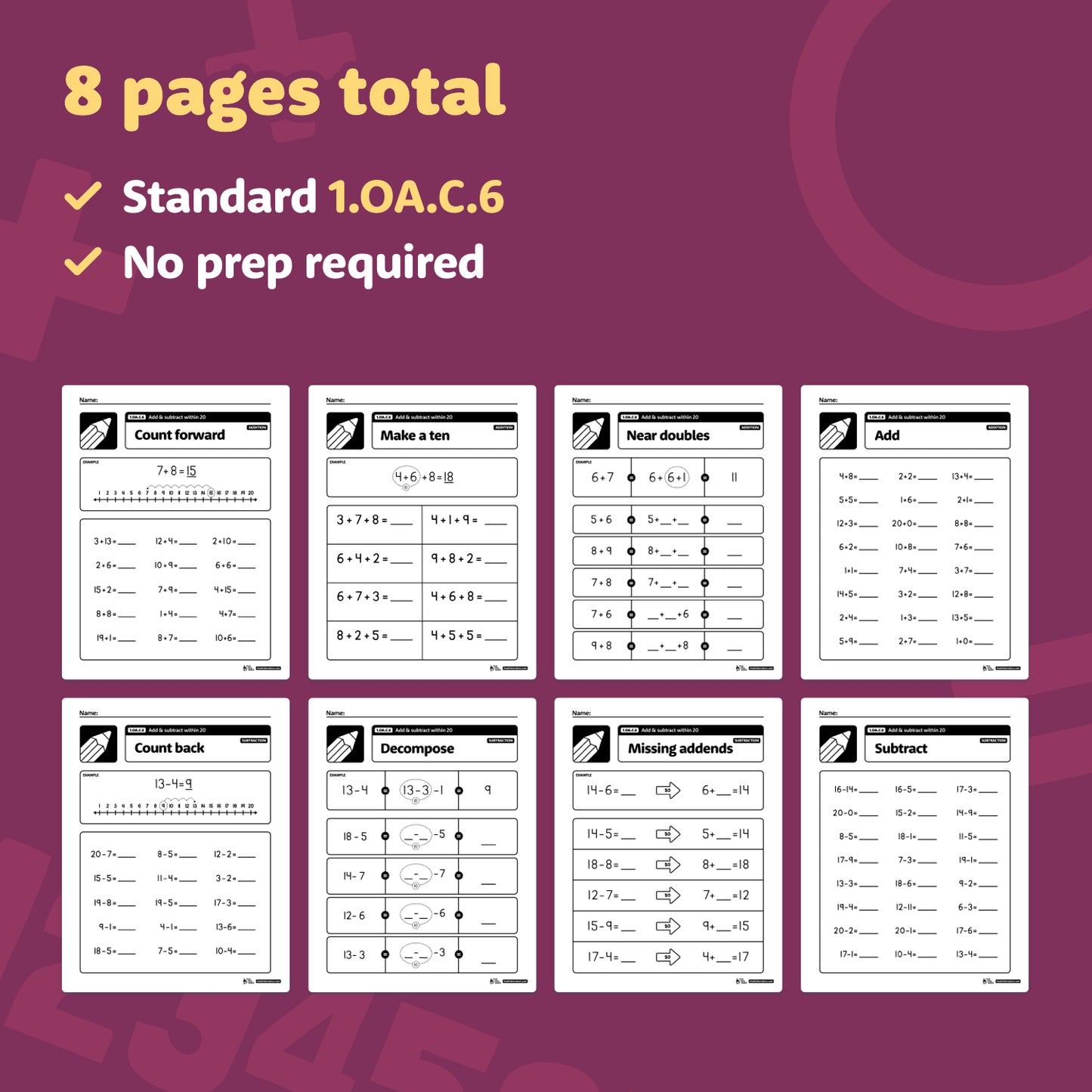 Add and subtract within 20 worksheets, 8 pages.