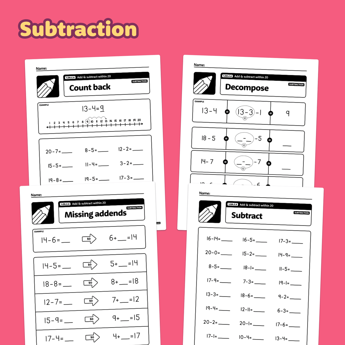 Four worksheets on addition and subtraction strategies for young learners.