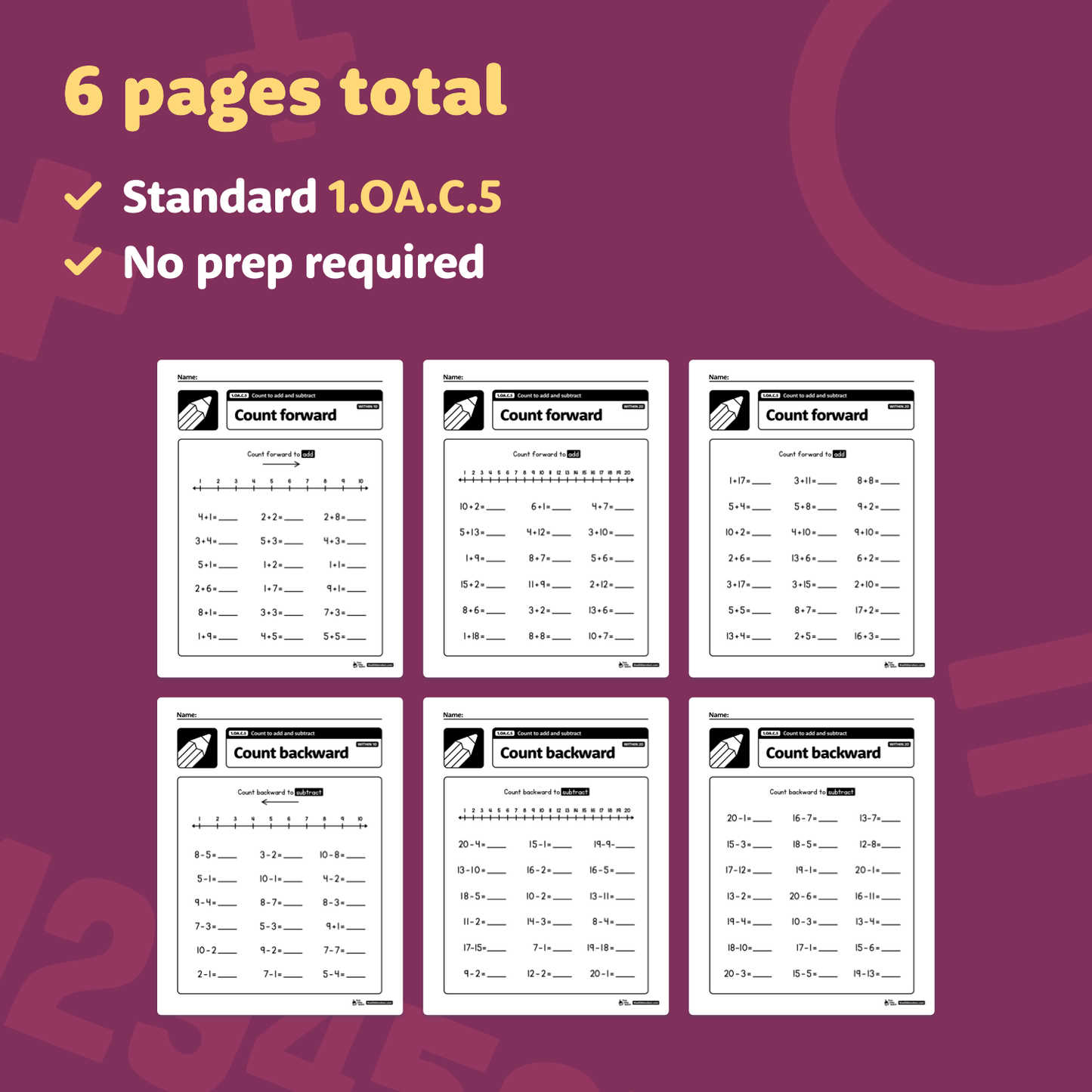 Count to Add and Subtract Worksheets | 1.OA.C.5
