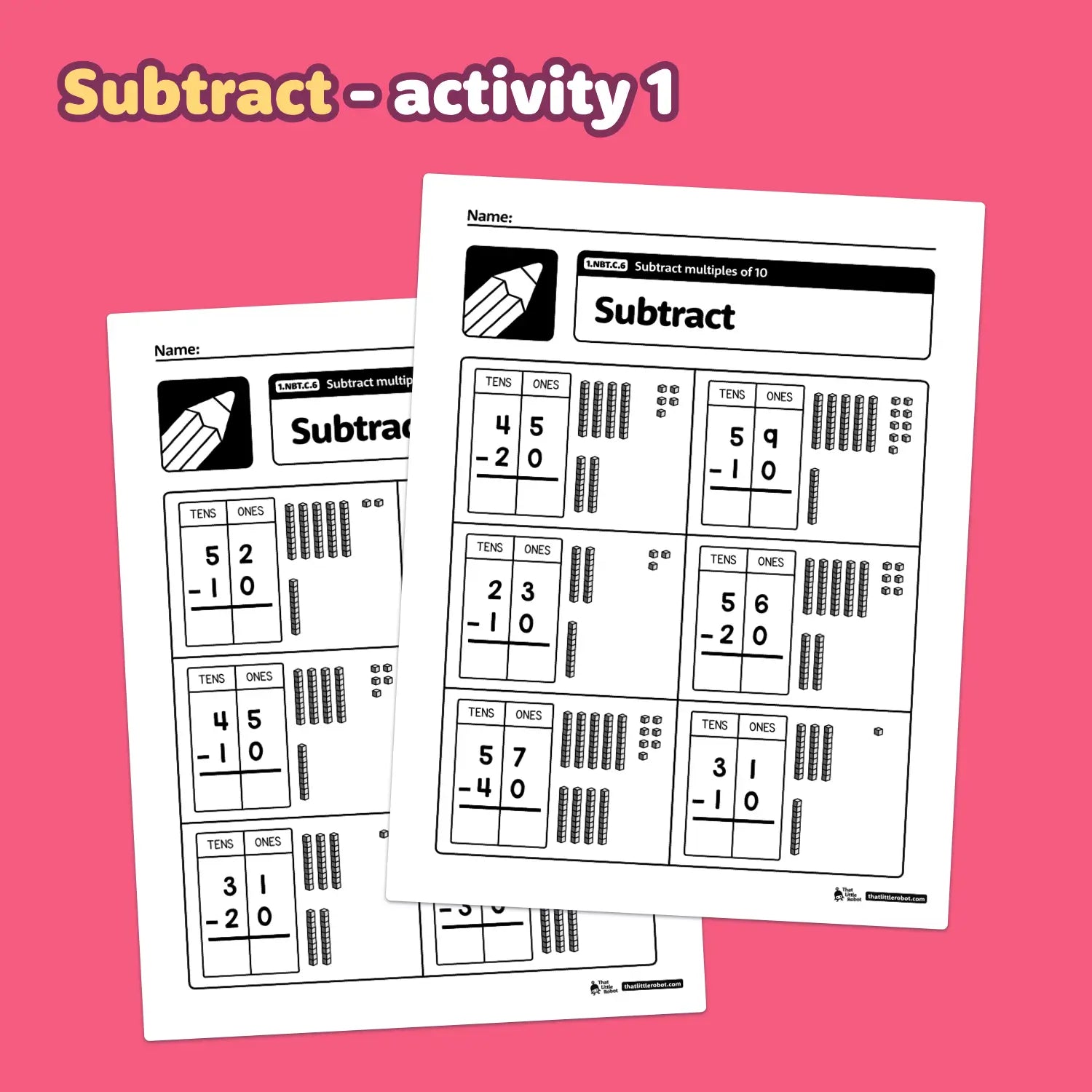 Two worksheets titled "Subtract Multiples of 10.