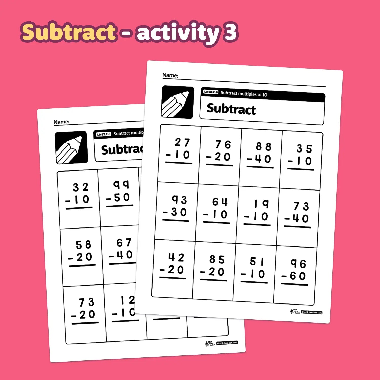 Two worksheets for subtracting multiples of 10.