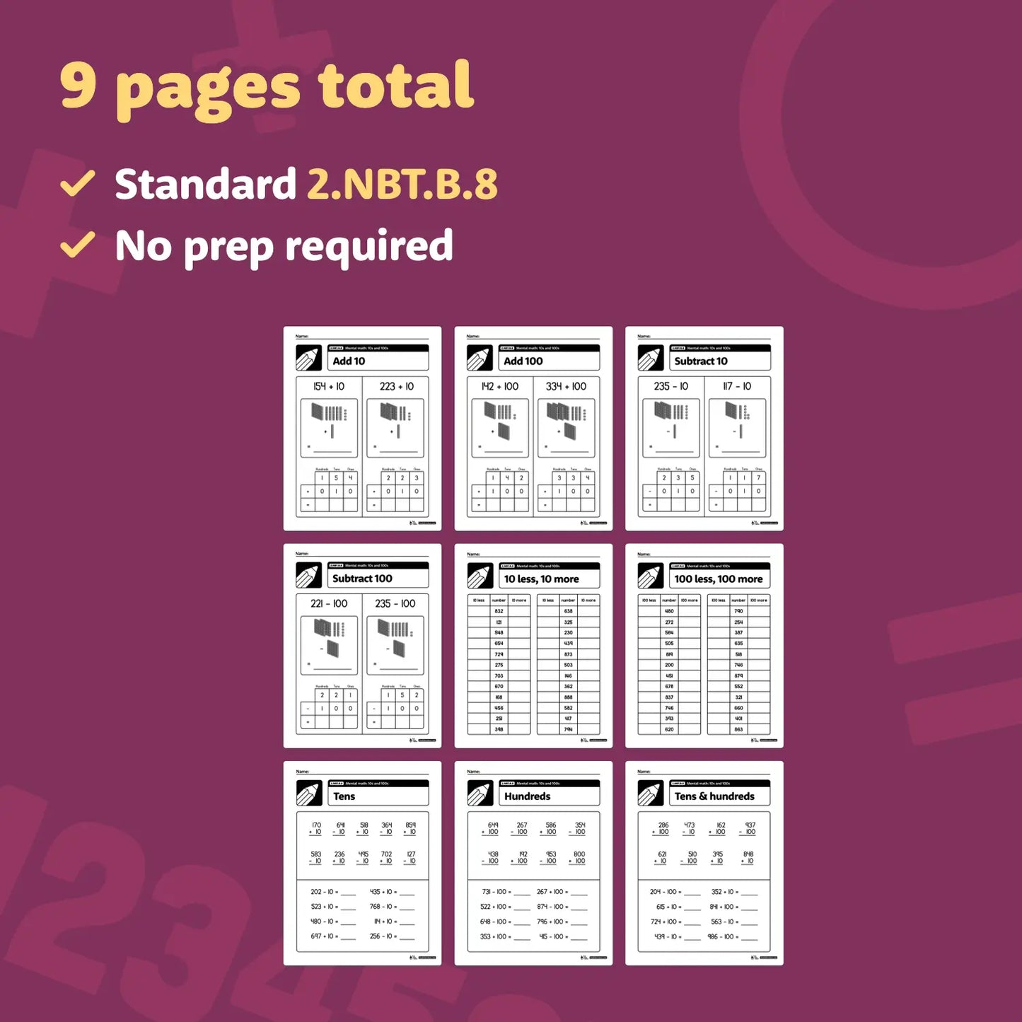 Mental Math: 10s & 100s Worksheets | 2.NBT.B.8