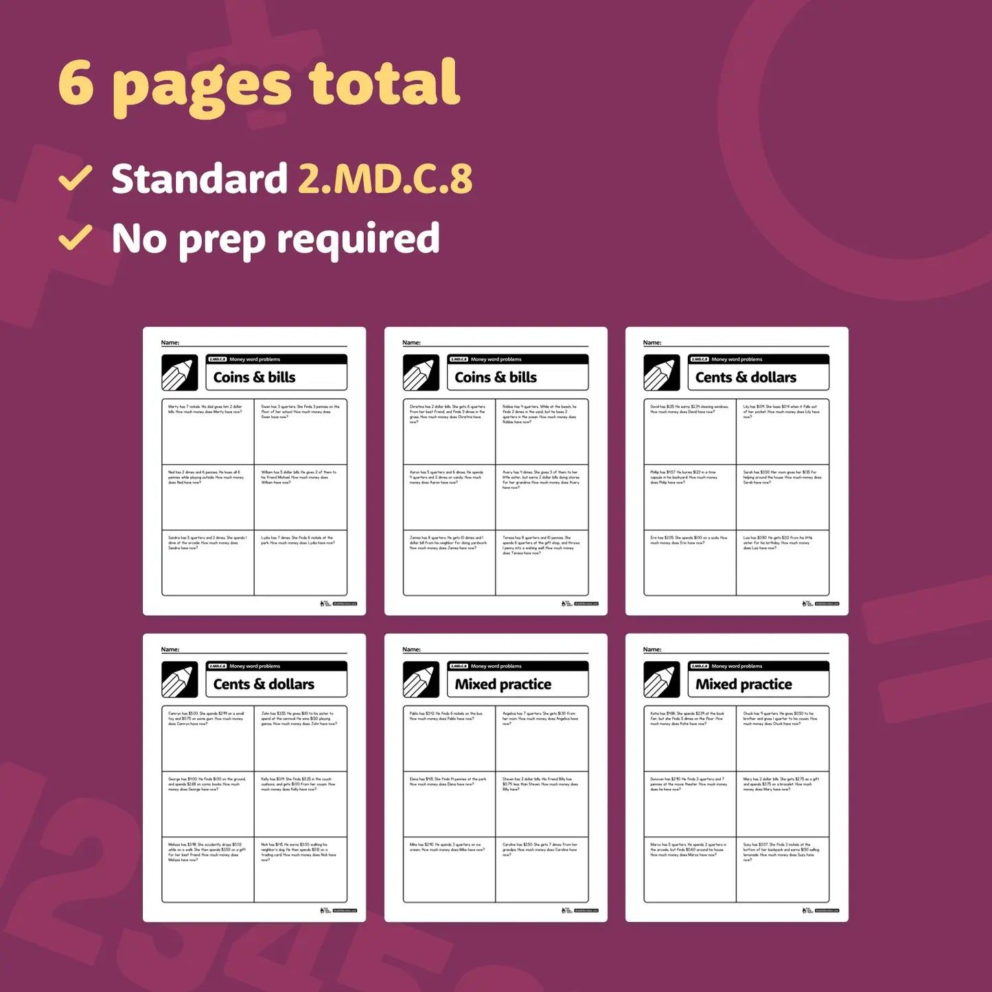 Money Word Problems Worksheets | 2.MD.C.8