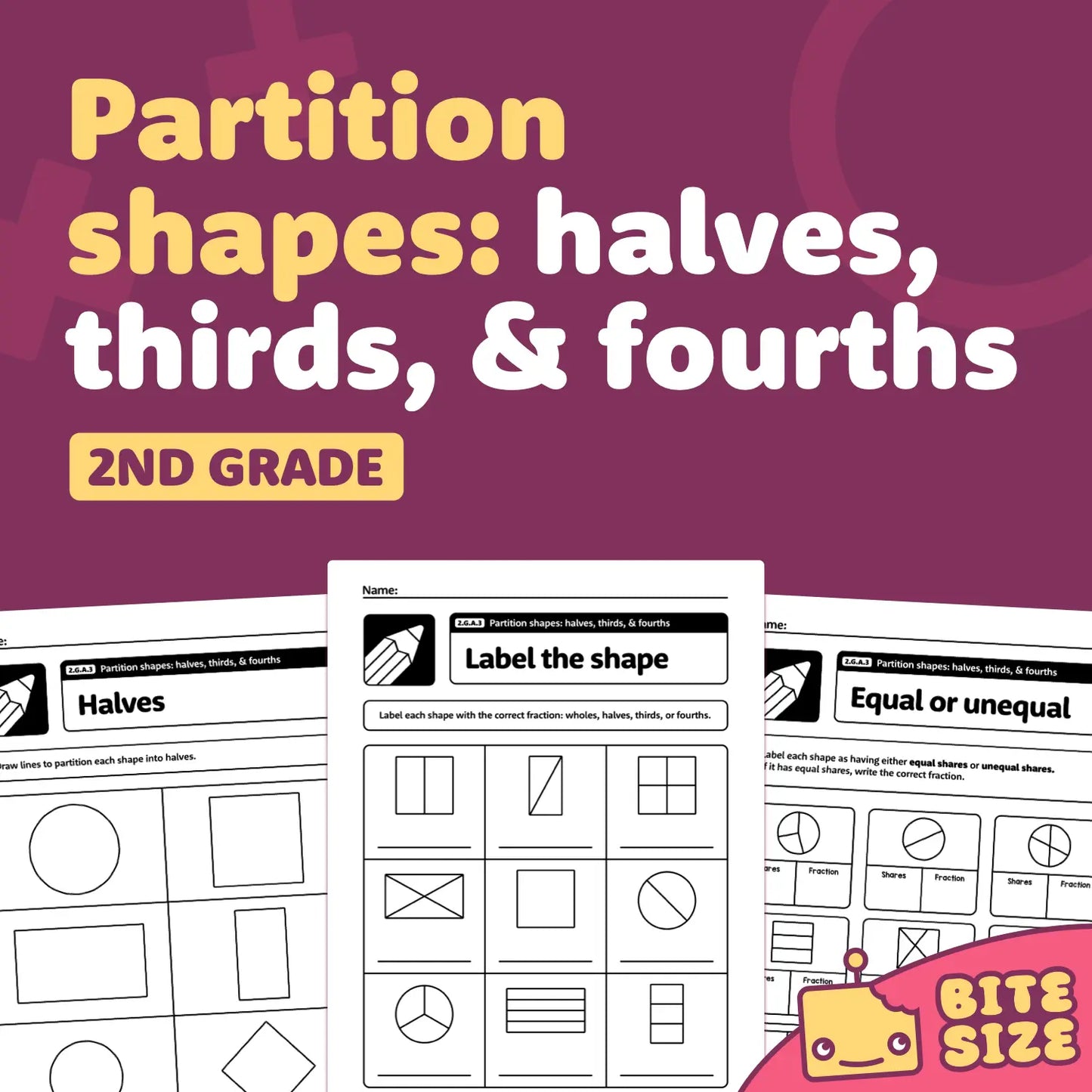 Partition Shapes: Halves, Thirds, & Fourths Worksheets | 2.G.A.3