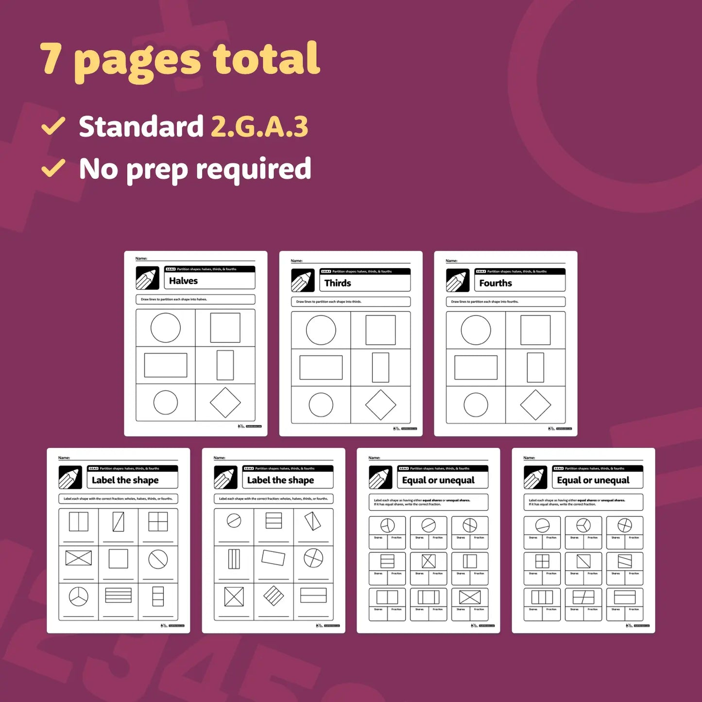 Partition Shapes: Halves, Thirds, & Fourths Worksheets | 2.G.A.3