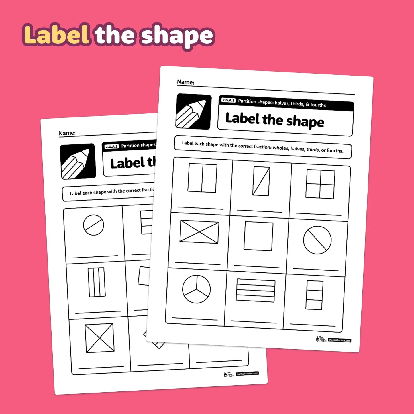 Partition Shapes: Halves, Thirds, & Fourths Worksheets | 2.G.A.3