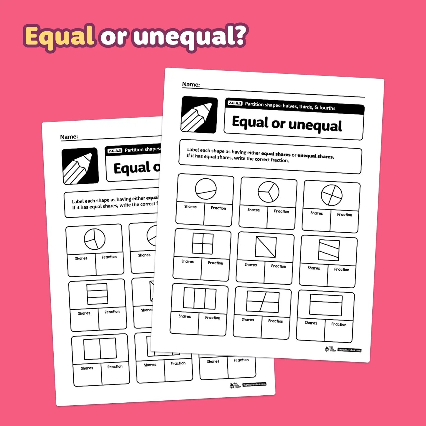 Partition Shapes: Halves, Thirds, & Fourths Worksheets | 2.G.A.3