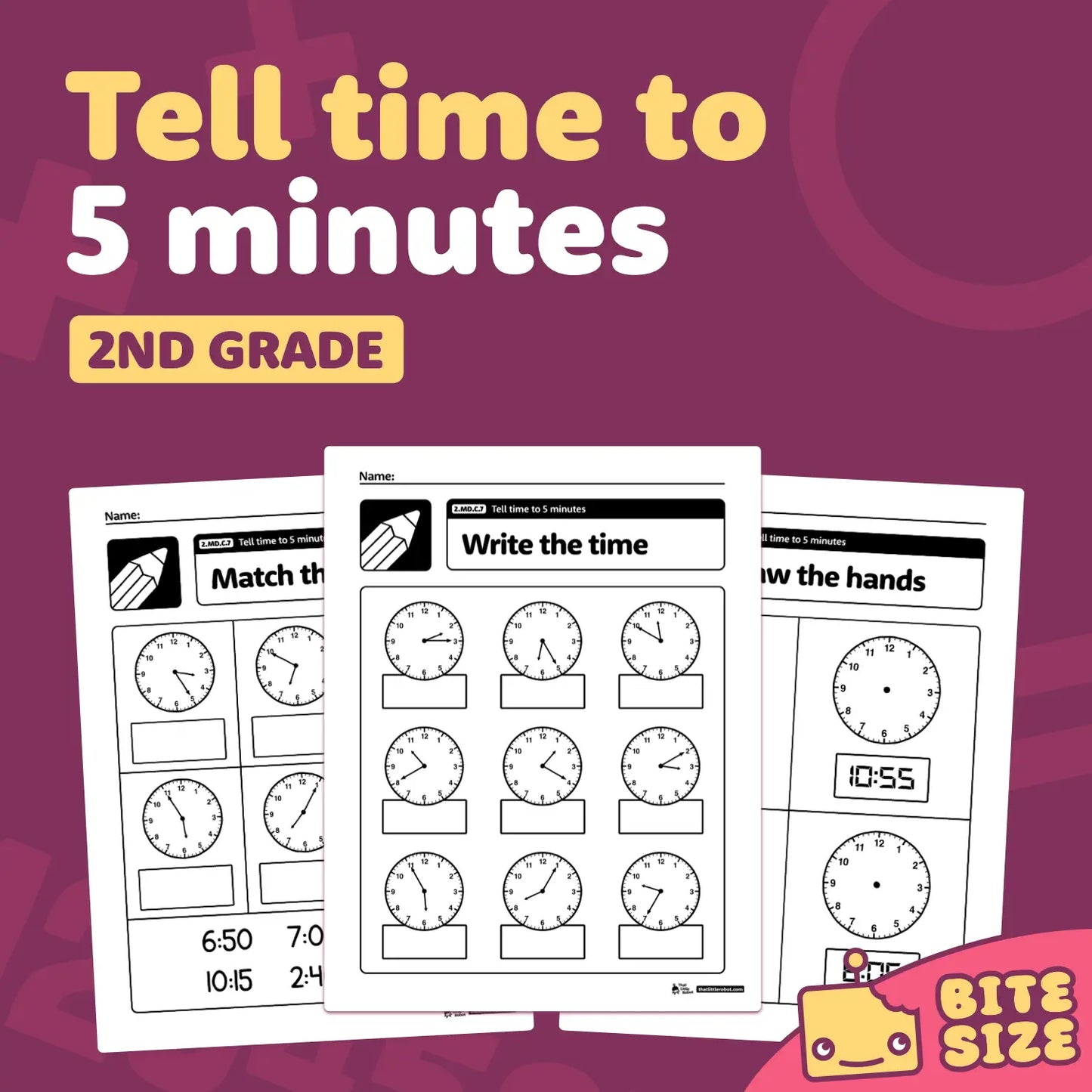 Tell Time to 5 Minutes Worksheets | 2.MD.C.7