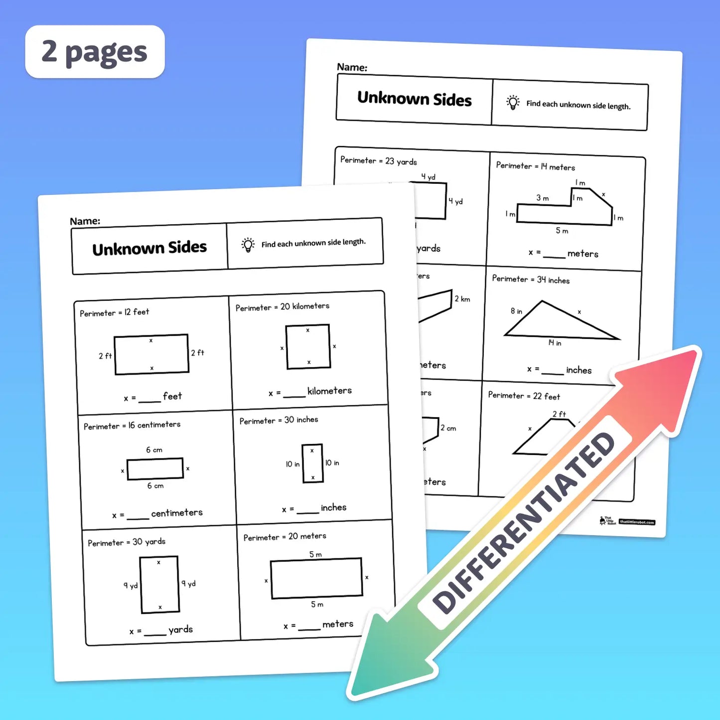 Two worksheets with area and perimeter problems using unknown side lengths.