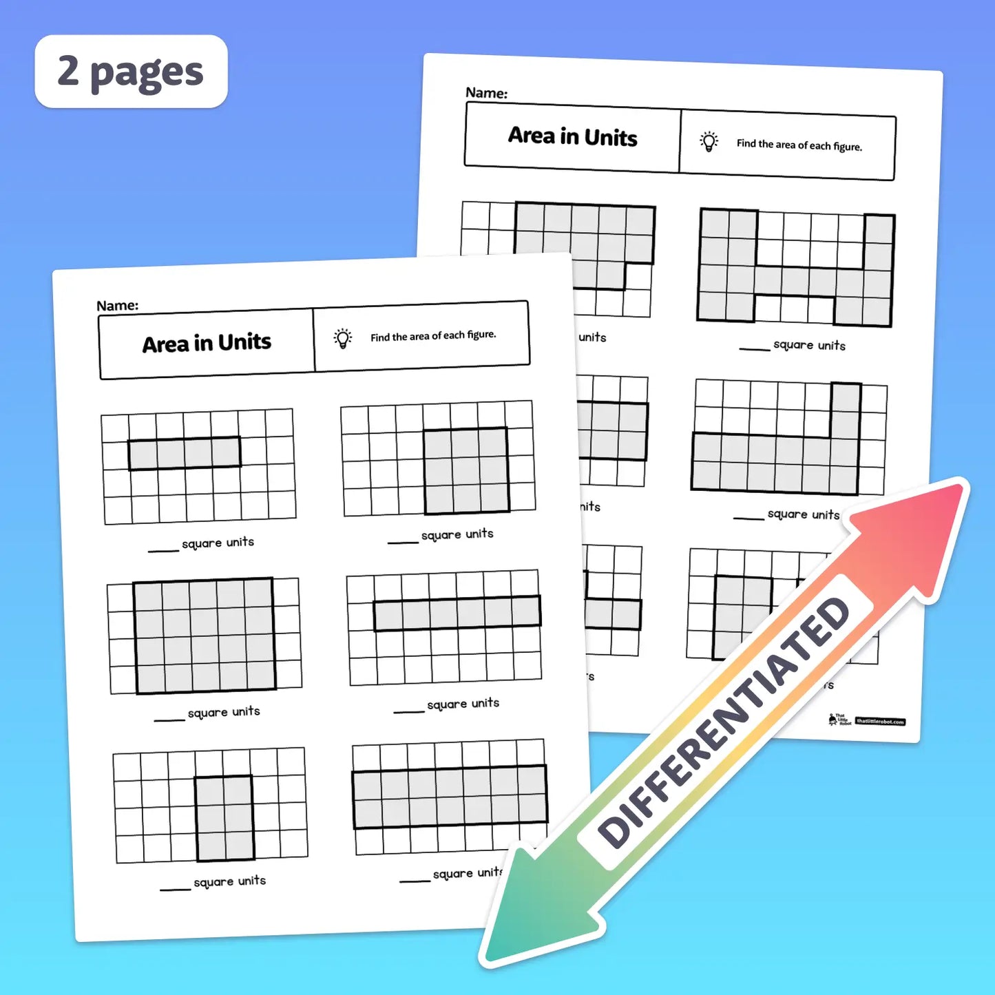 Two differentiated worksheets showing area and perimeter grids with shaded squares.