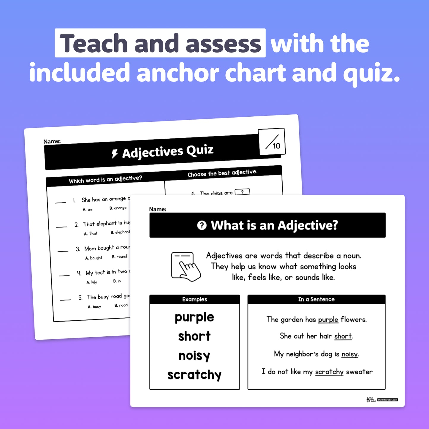 Printable PDF worksheets with exercises about adjectives and bold text.