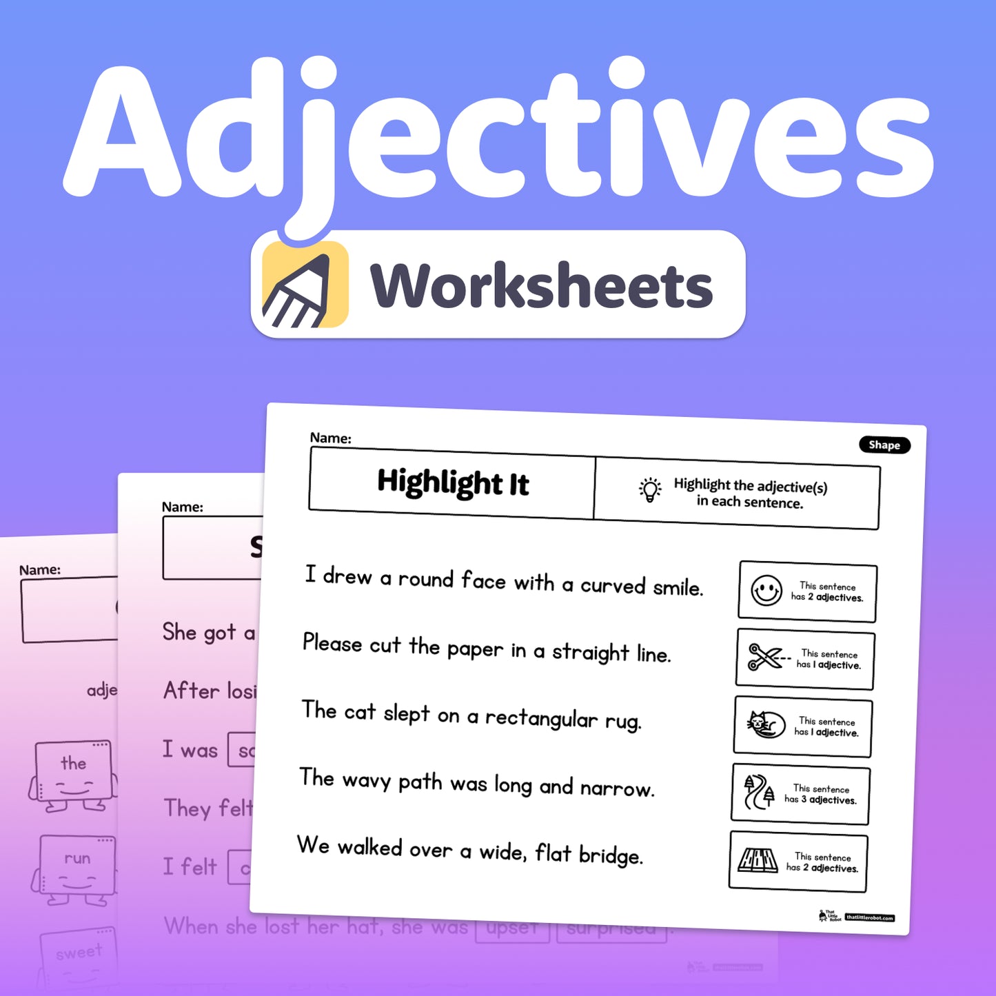 Worksheets display instructions and sample sentences about adjectives.