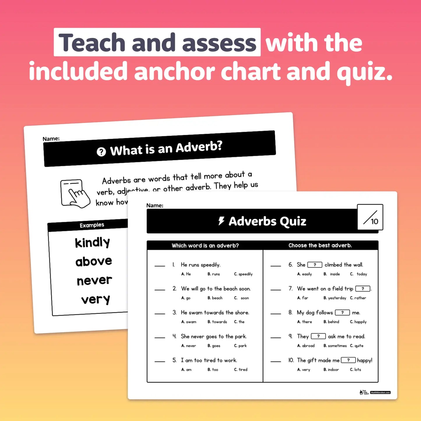 Printable PDF worksheets with bold text focused on adverbs.