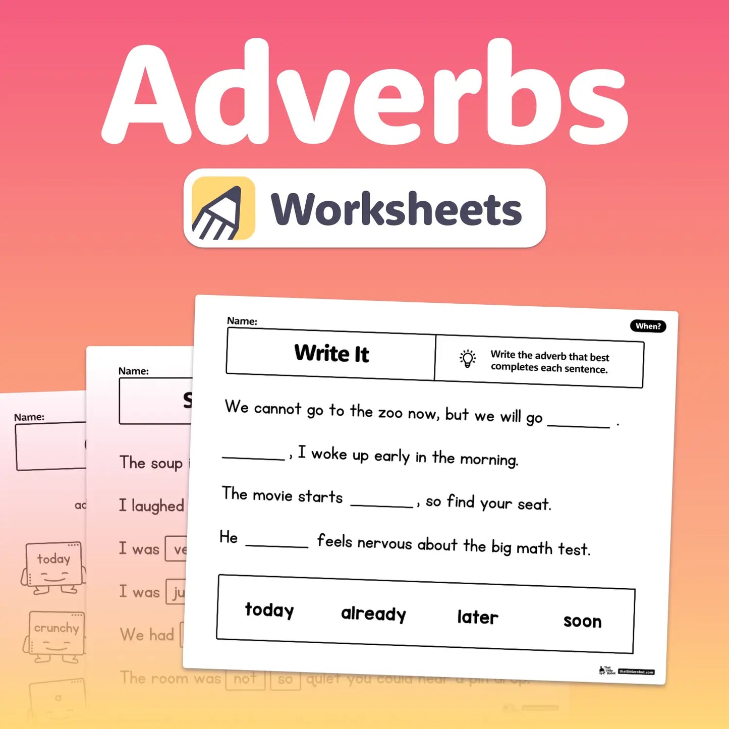 Printable worksheets with fill-in-the-blank adverb activities are shown.