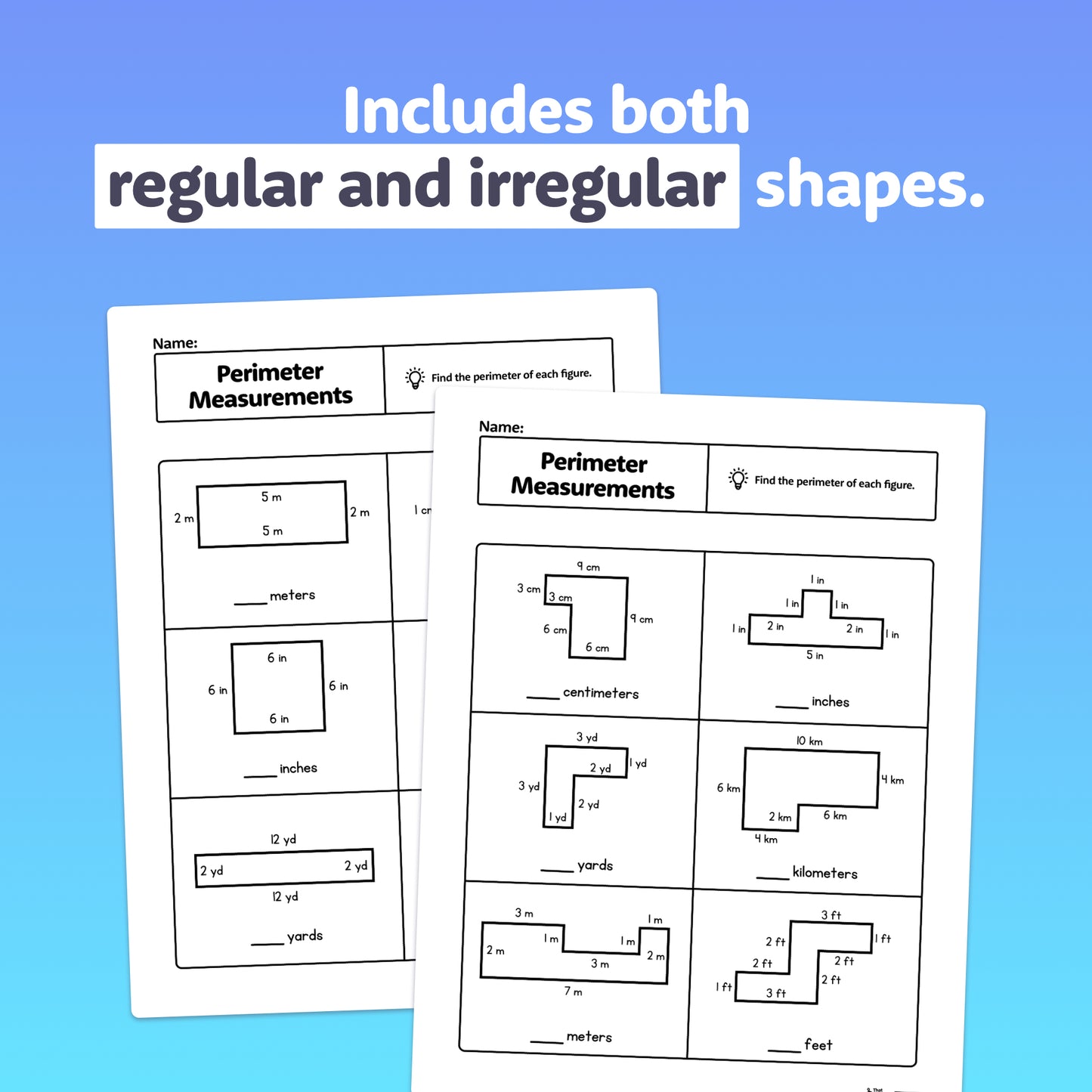 Worksheets display area and perimeter problems with regular and irregular shapes.