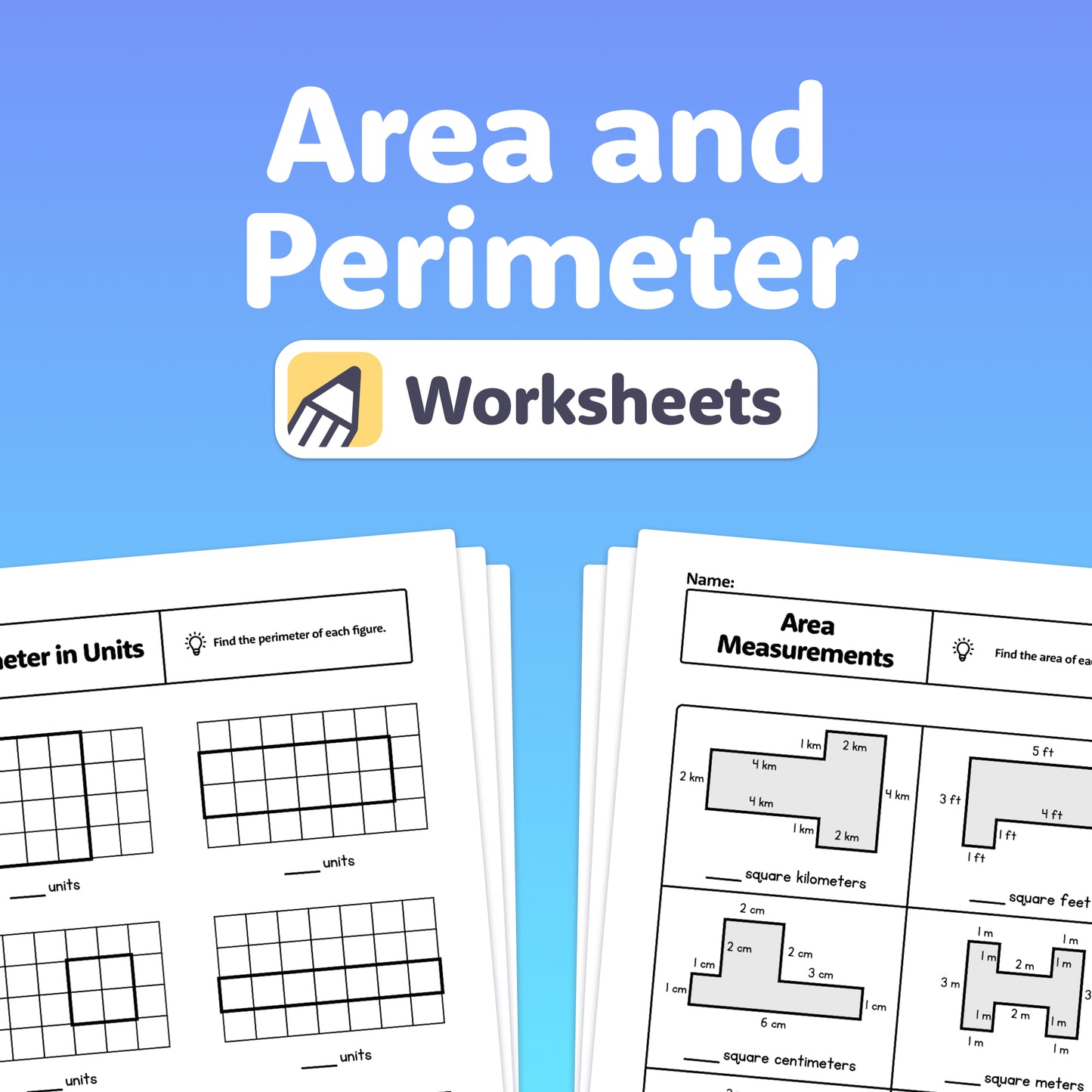 Worksheets showing grids with area and perimeter measurements labeled.
