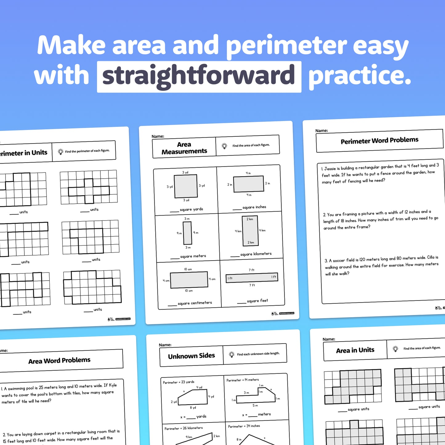 Six area and perimeter worksheets are arranged in a set of printable PDF pages.