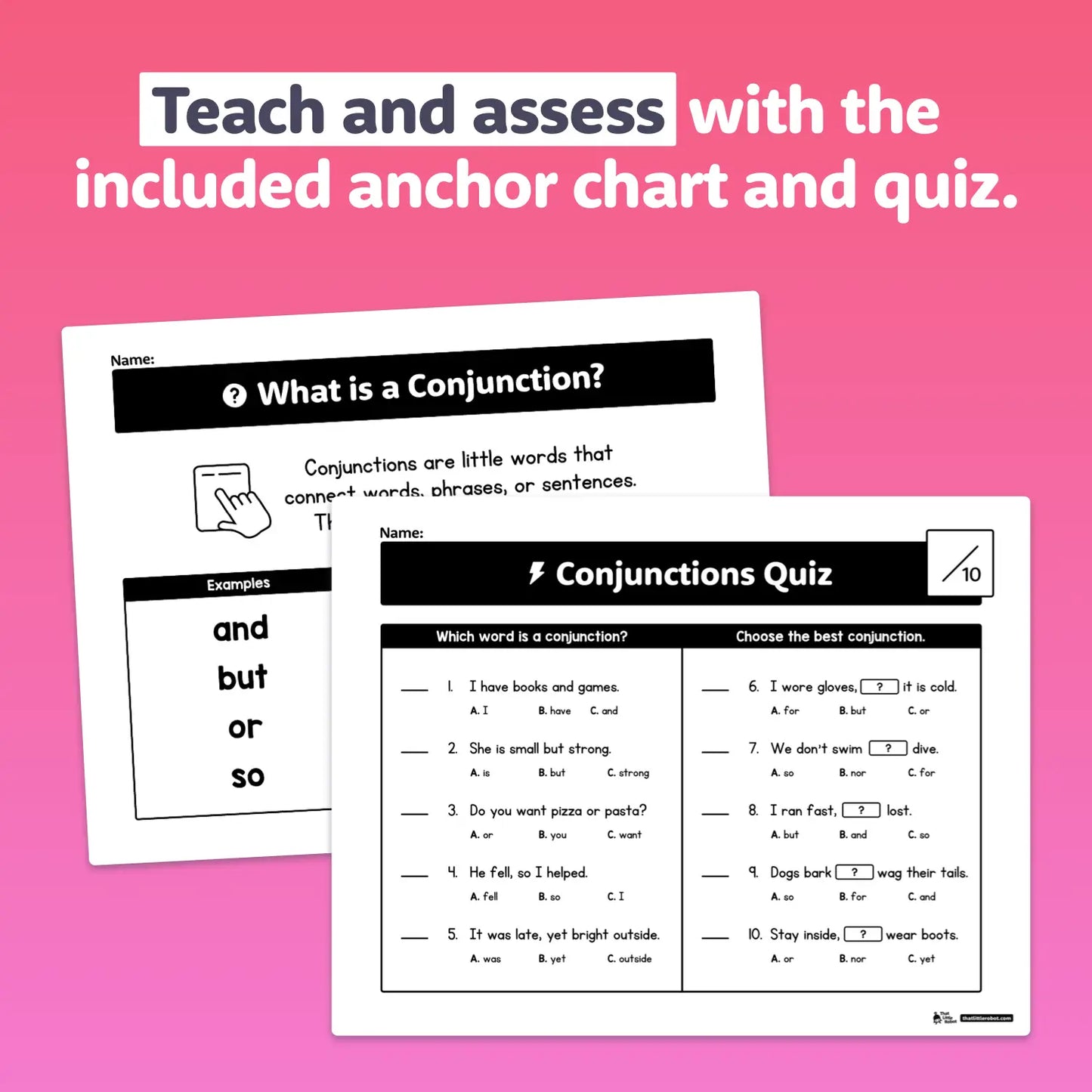 Two worksheets with bold headers and sections about conjunctions.