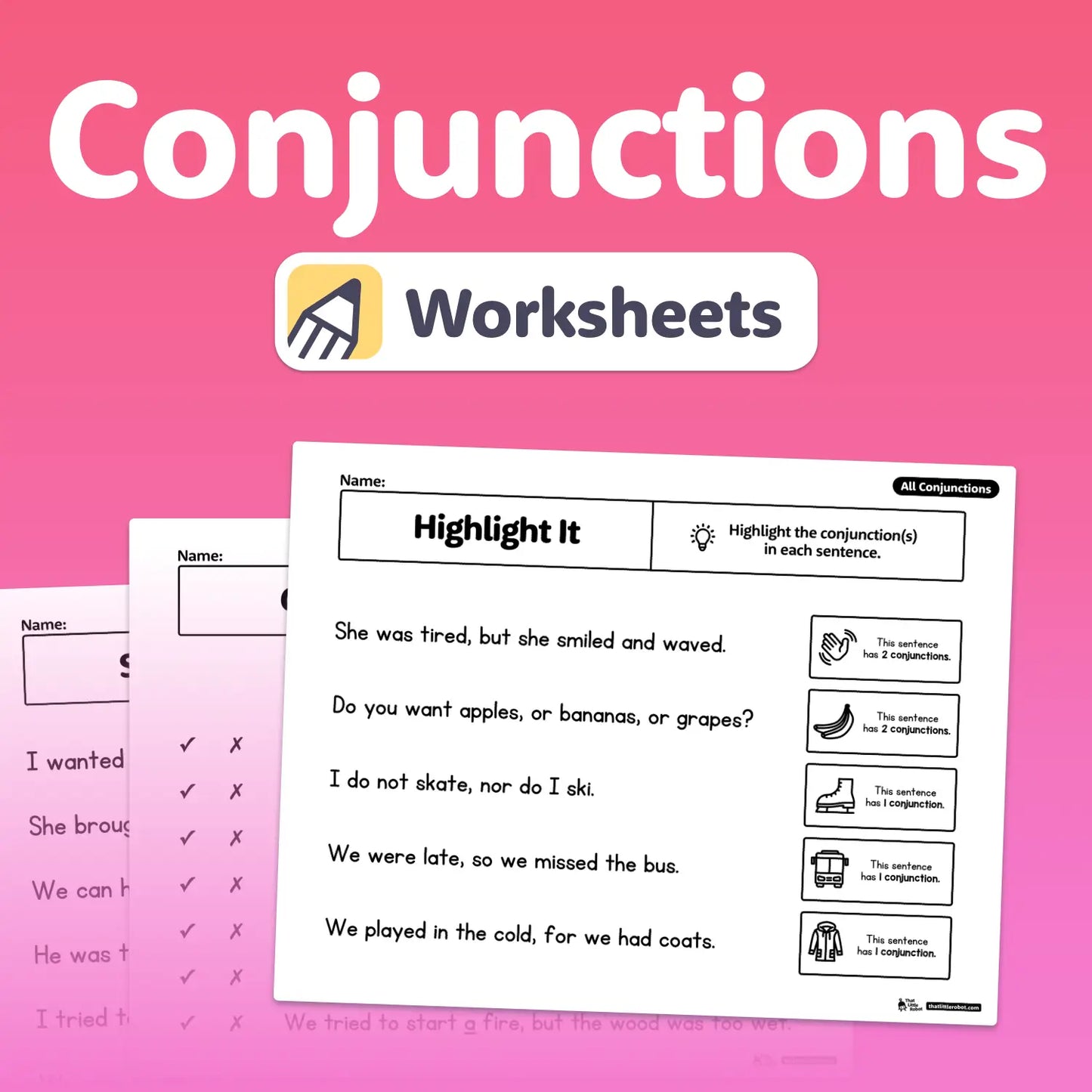 Three worksheet pages with bold titles about conjunctions are displayed.