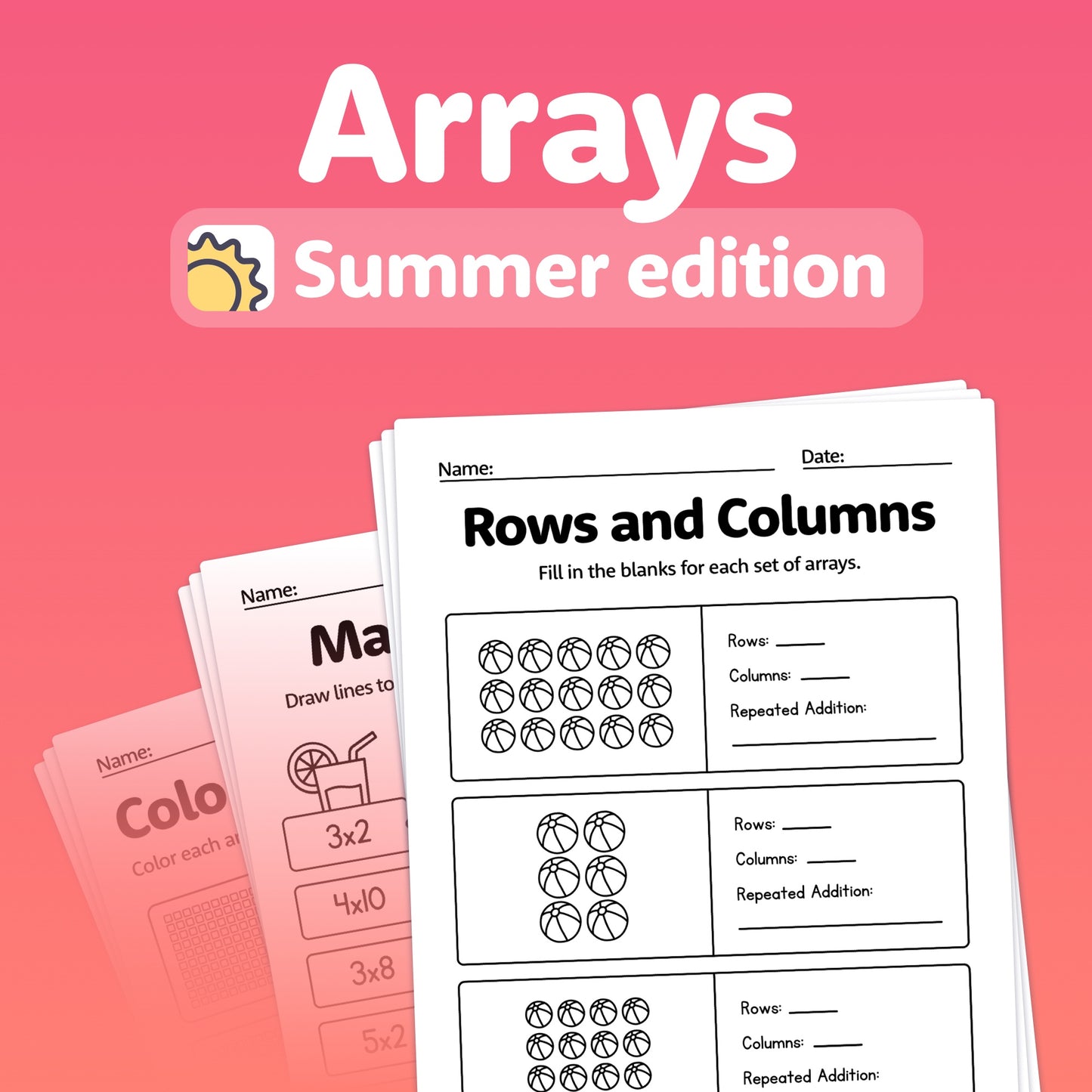 Worksheets titled "Summer Arrays Worksheets" with rows and columns exercises.