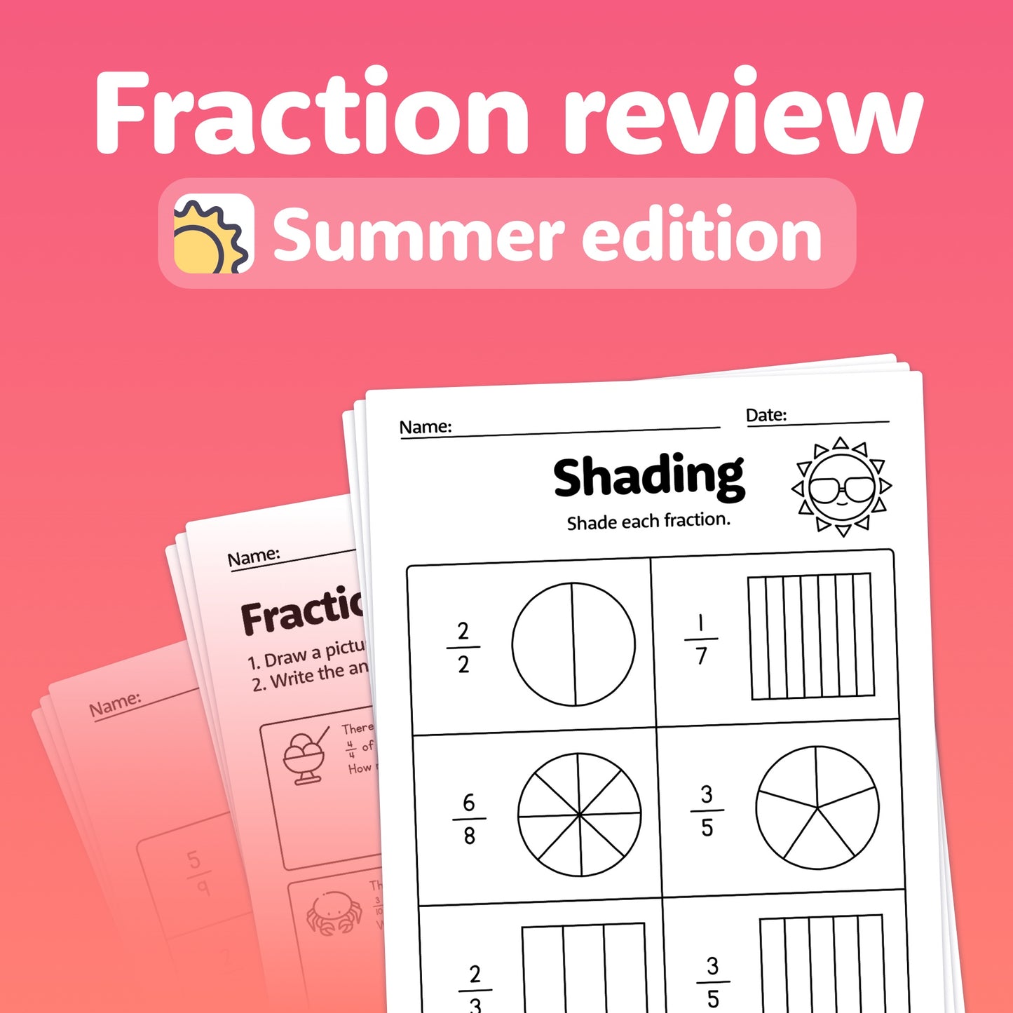 Printable Summer Fraction Review Worksheets titled "Fraction Review" and "Shading".