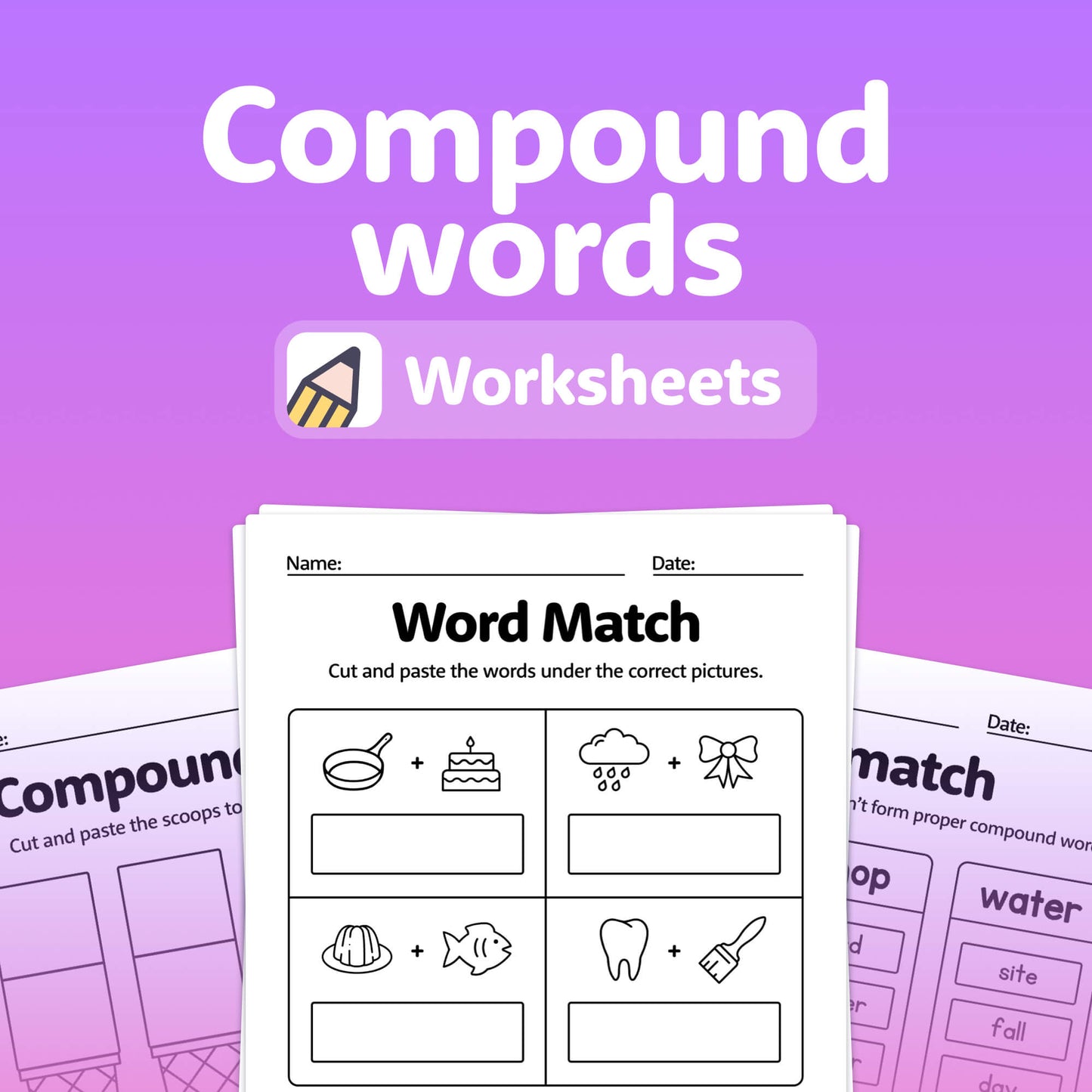 Worksheets for matching compound words with illustrations.