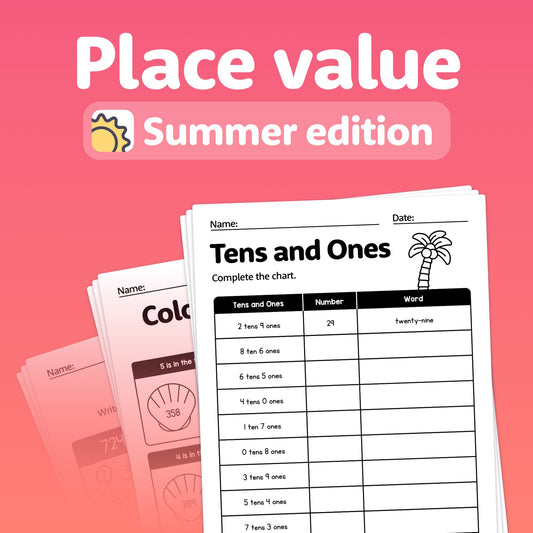 Summer worksheet titled "Summer Place Value Worksheets" focusing on tens and ones.