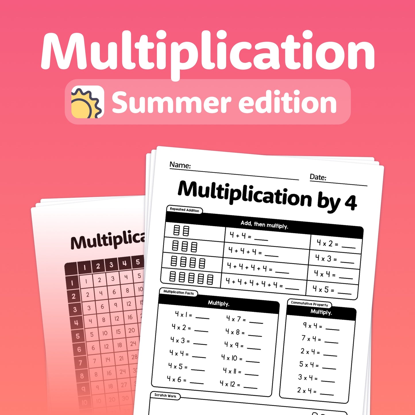 Multiplication worksheets with problems focusing on the number 4.