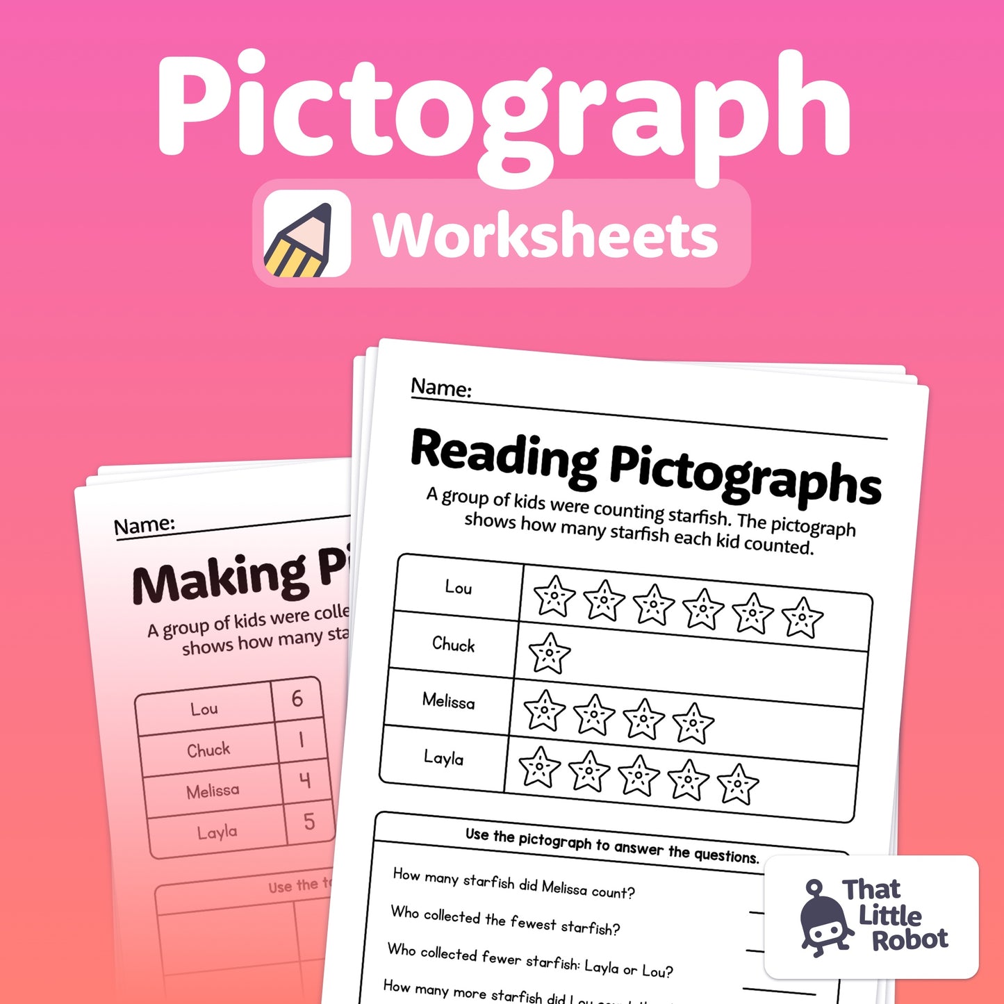 Printable PDF worksheets for reading and creating pictographs with starfish symbols.