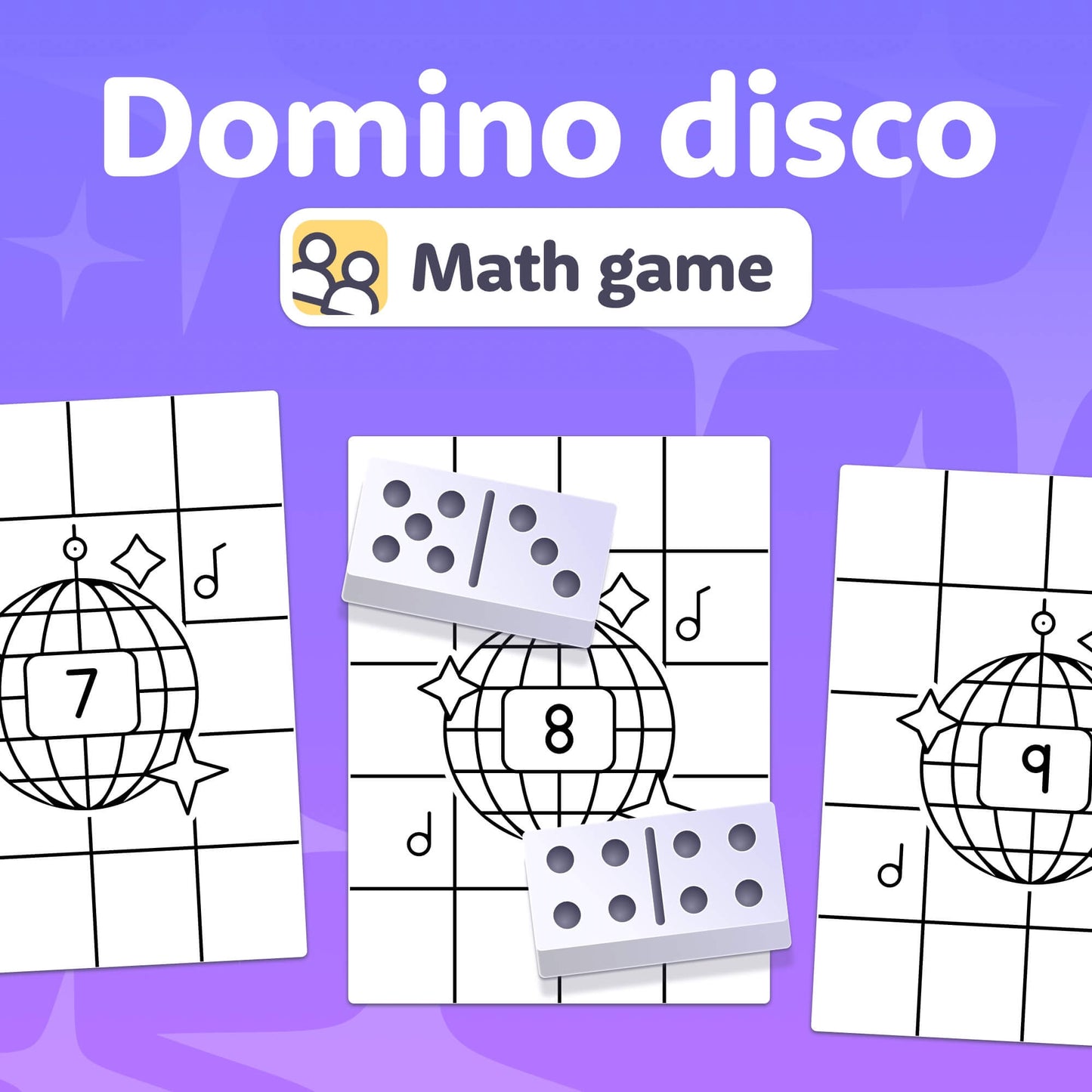 Domino Disco Addition Game with numbered cards and domino pieces.