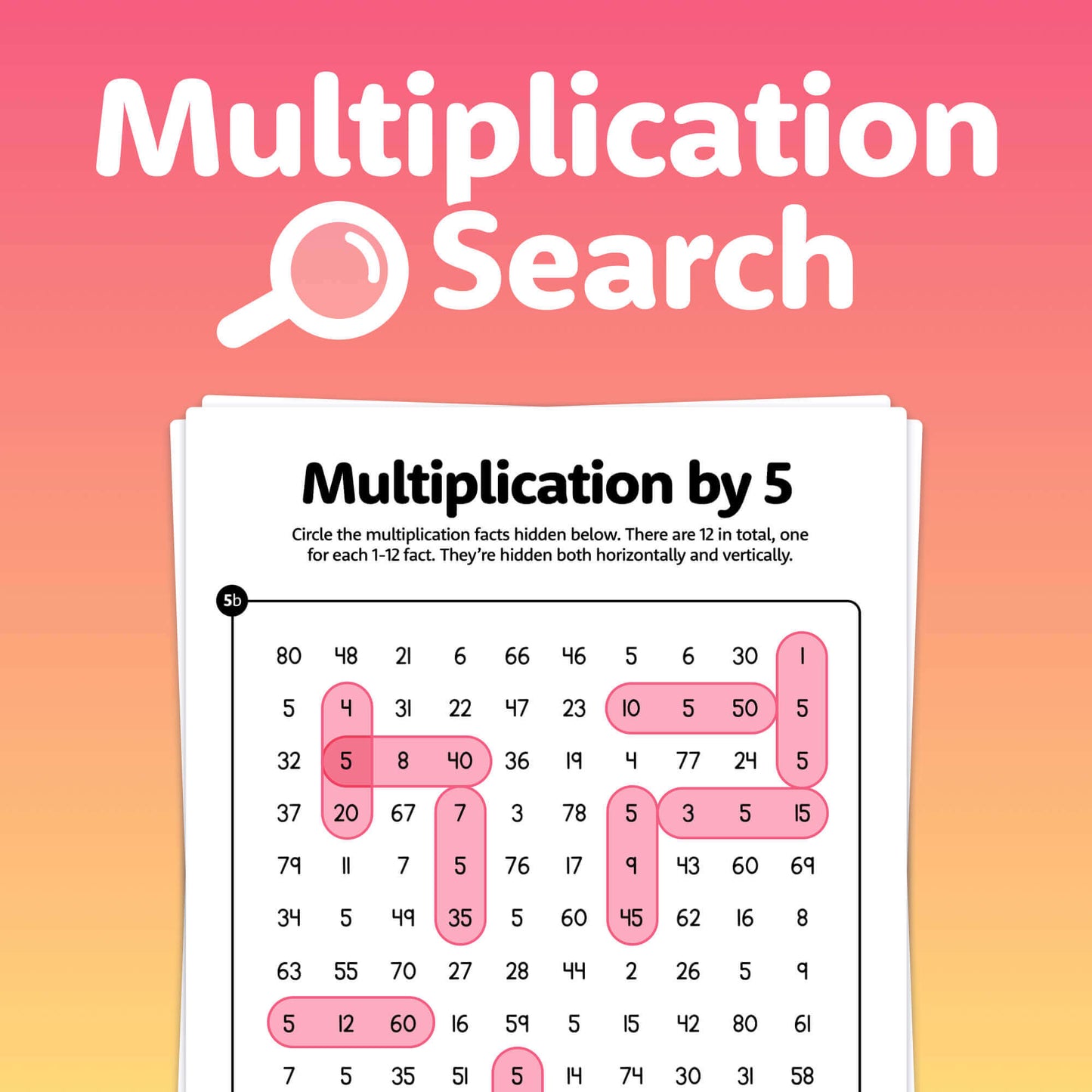 Worksheet with multiplication problems and circled numbers.