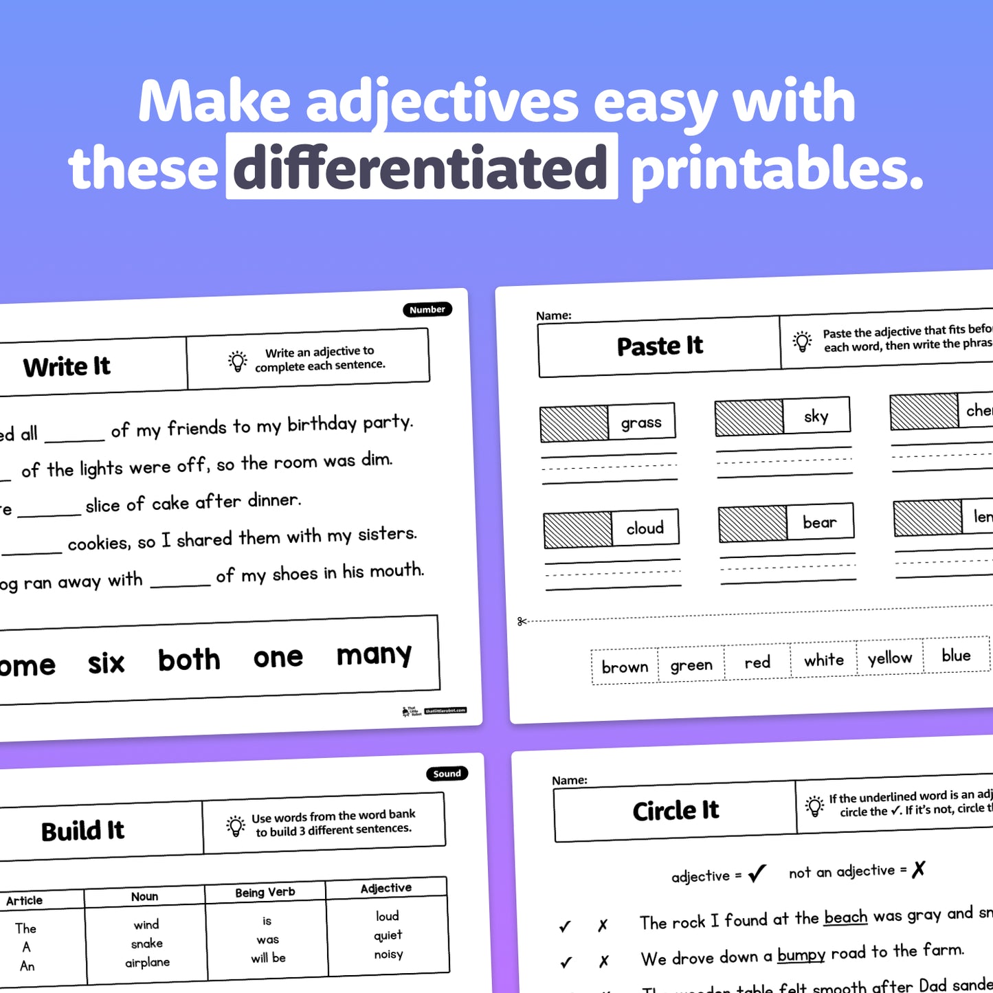 Printable worksheets with fill-in-the-blank and vocabulary exercises.