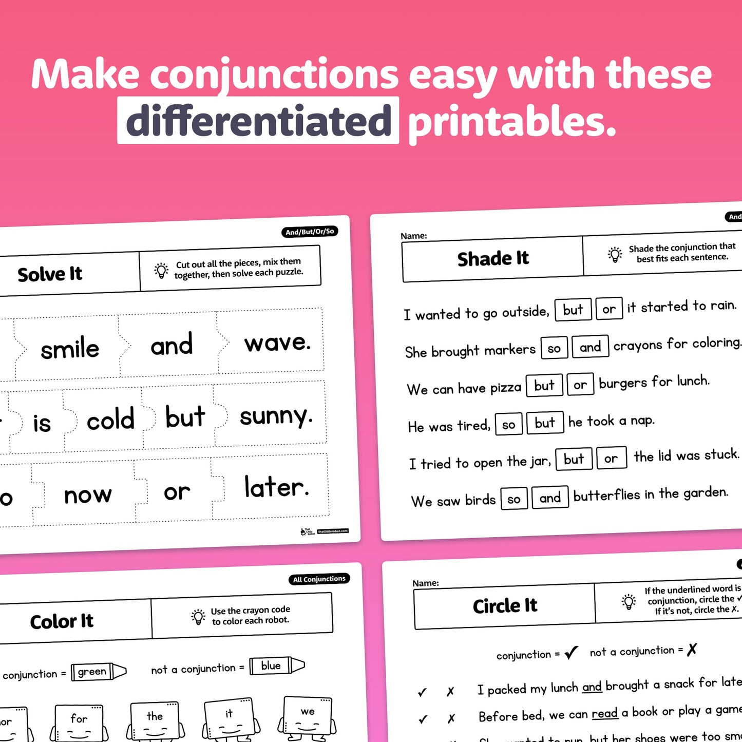 Four worksheets with tasks to cut, shade, color, and circle conjunctions.
