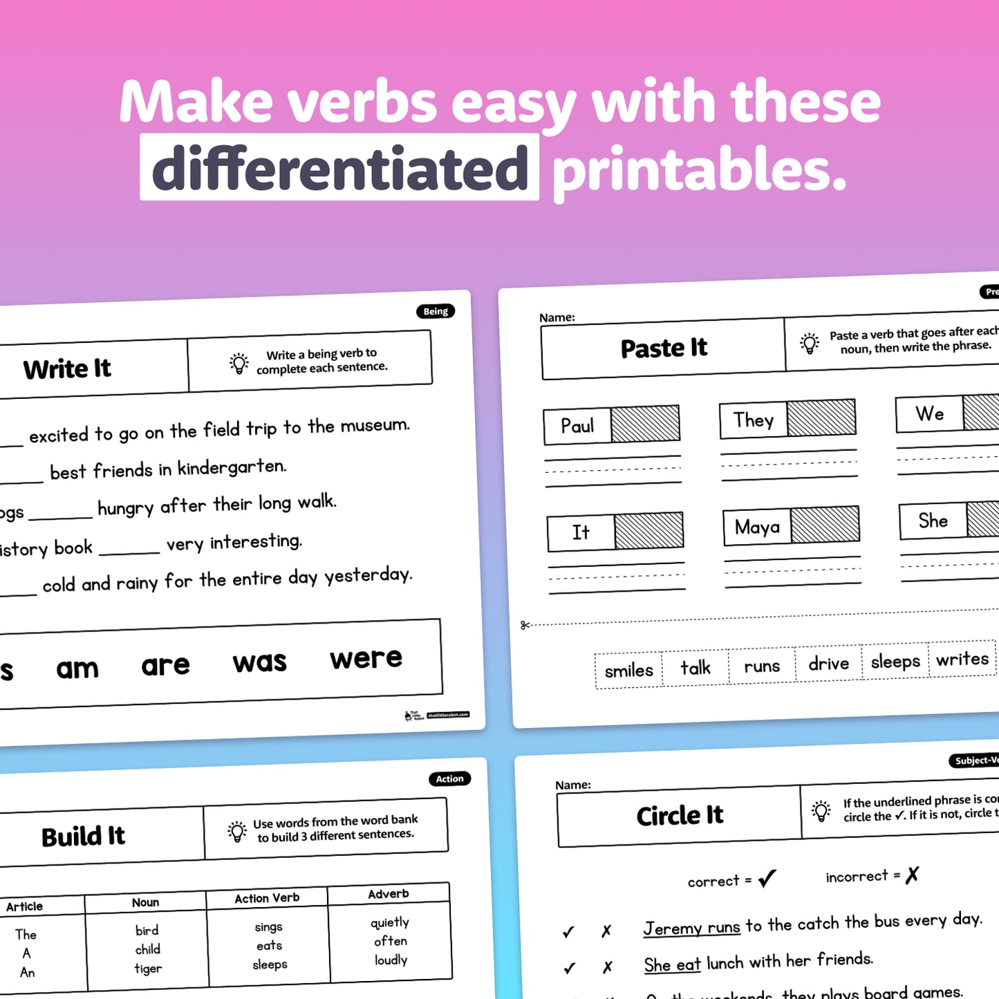 Differentiated verb practice printables on a gradient background with text overlay.