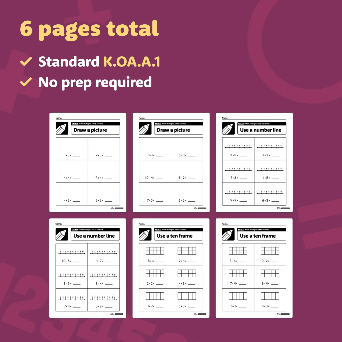 Addition and Subtraction Strategies Worksheets with drawing and number activities.