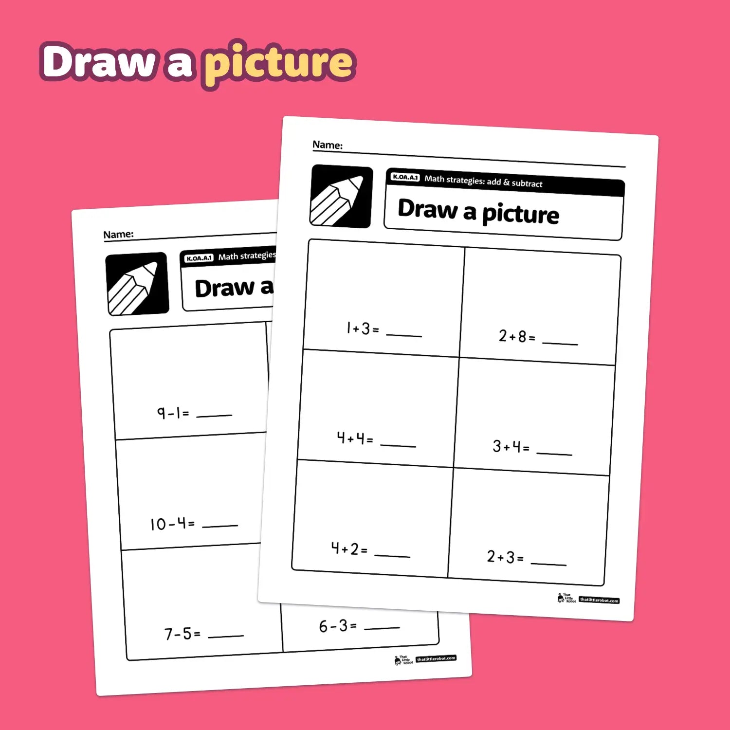 A pair of math worksheets with addition and subtraction problems.