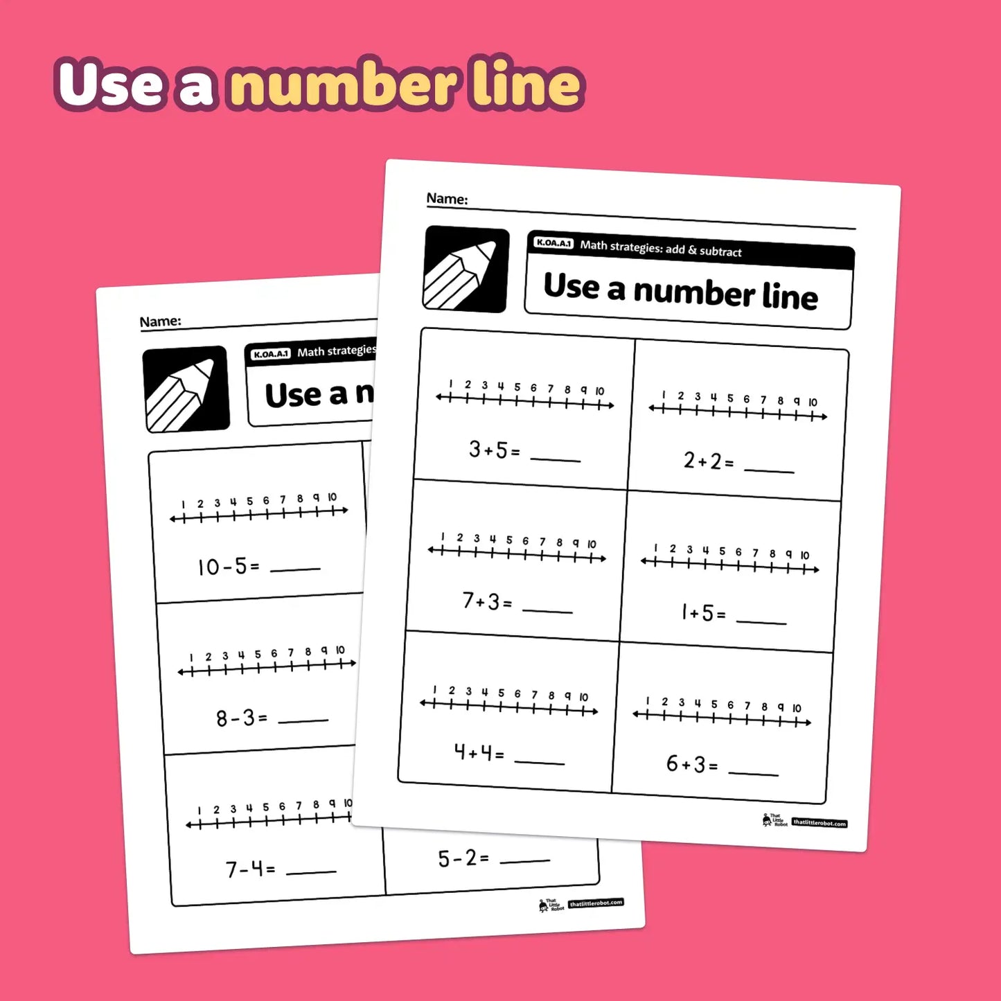 Two worksheets with number lines for addition and subtraction.