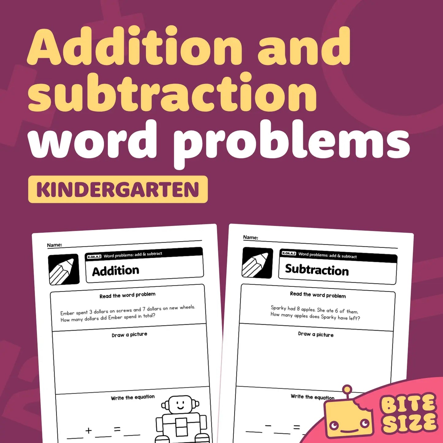 Kindergarten worksheets with cartoon robots for addition and subtraction.