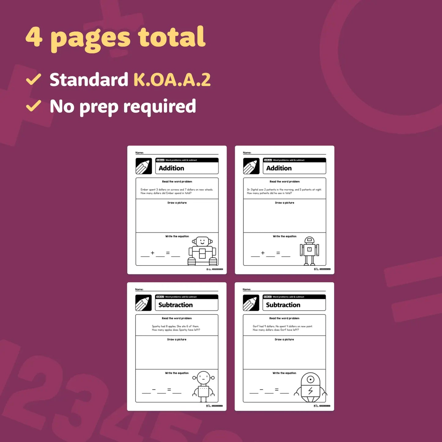 Addition and subtraction word problems worksheets with areas to read the problem, draw a picture, and write the equation.