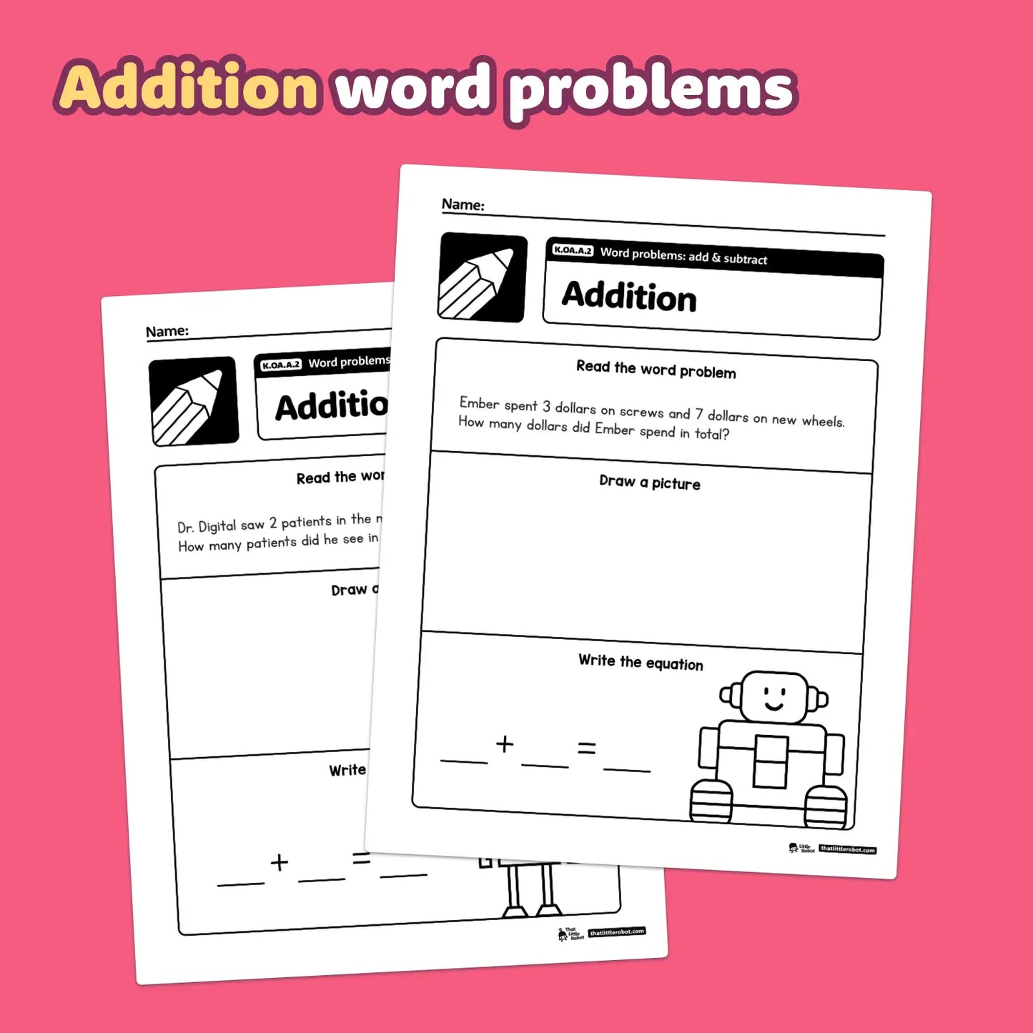 Addition and subtraction word problems with space for drawing equations.