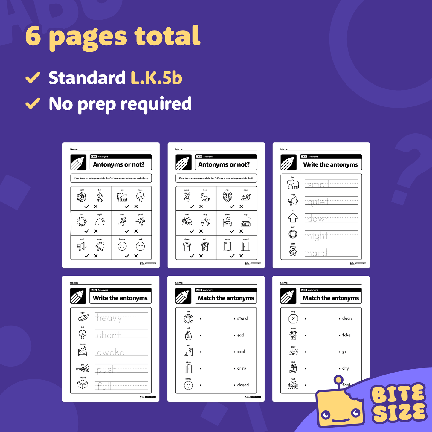 Preview showing six kindergarten antonym worksheets in a printable PDF file.