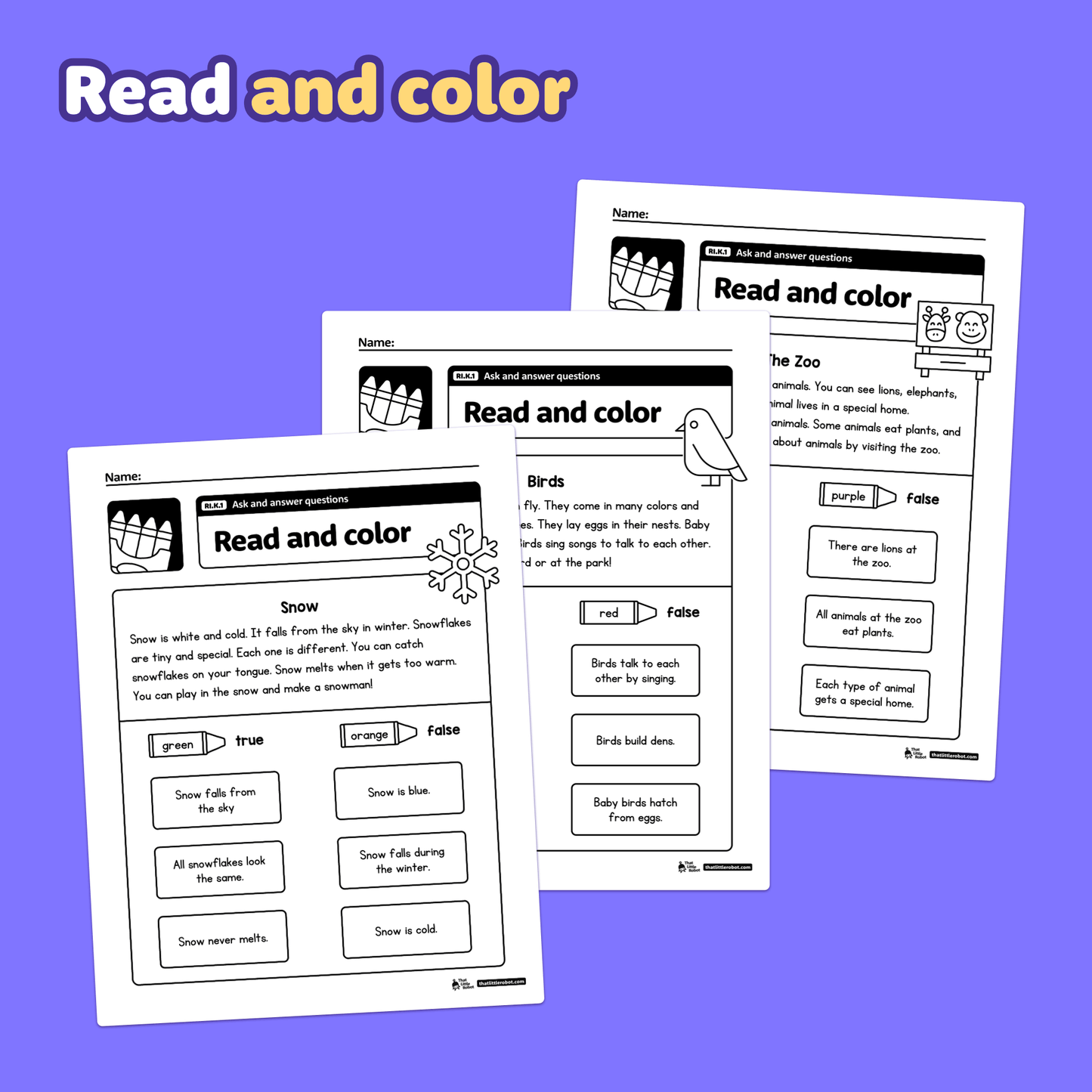 Three black and white kindergarten worksheets with ask and answer question prompts.
