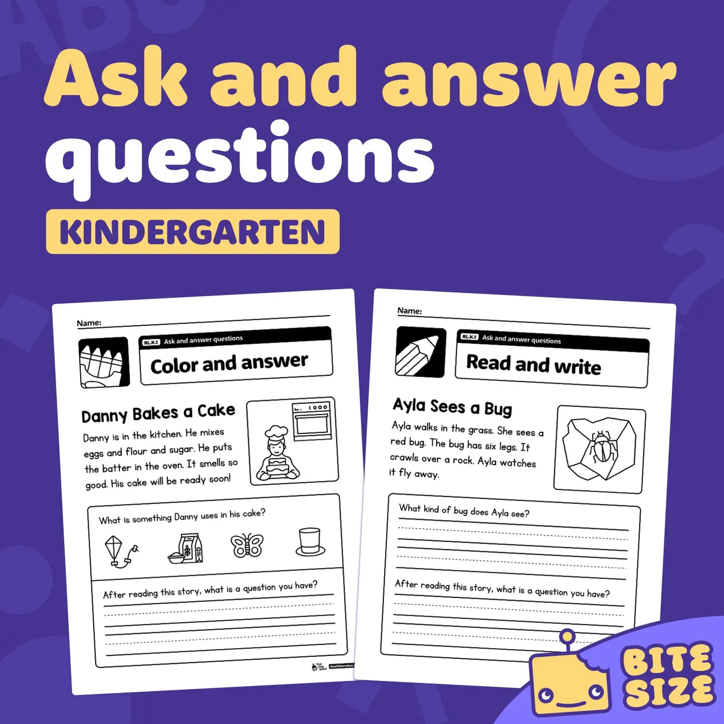 PDF pages with kindergarten ask and answer questions worksheets, RL.K.1.