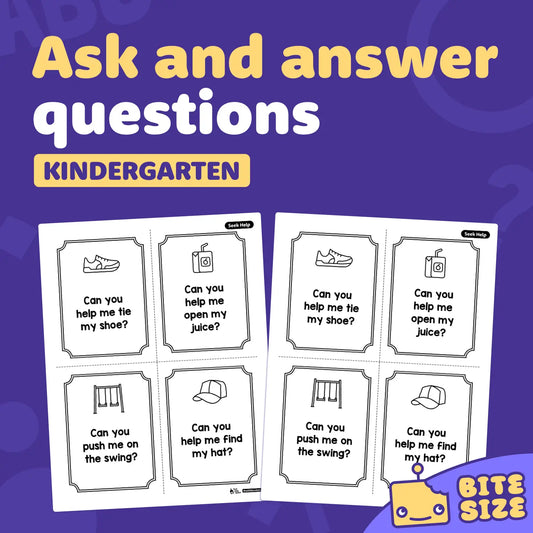 Cards for kindergarten question-and-answer game with SL.K.3 visible on each card.