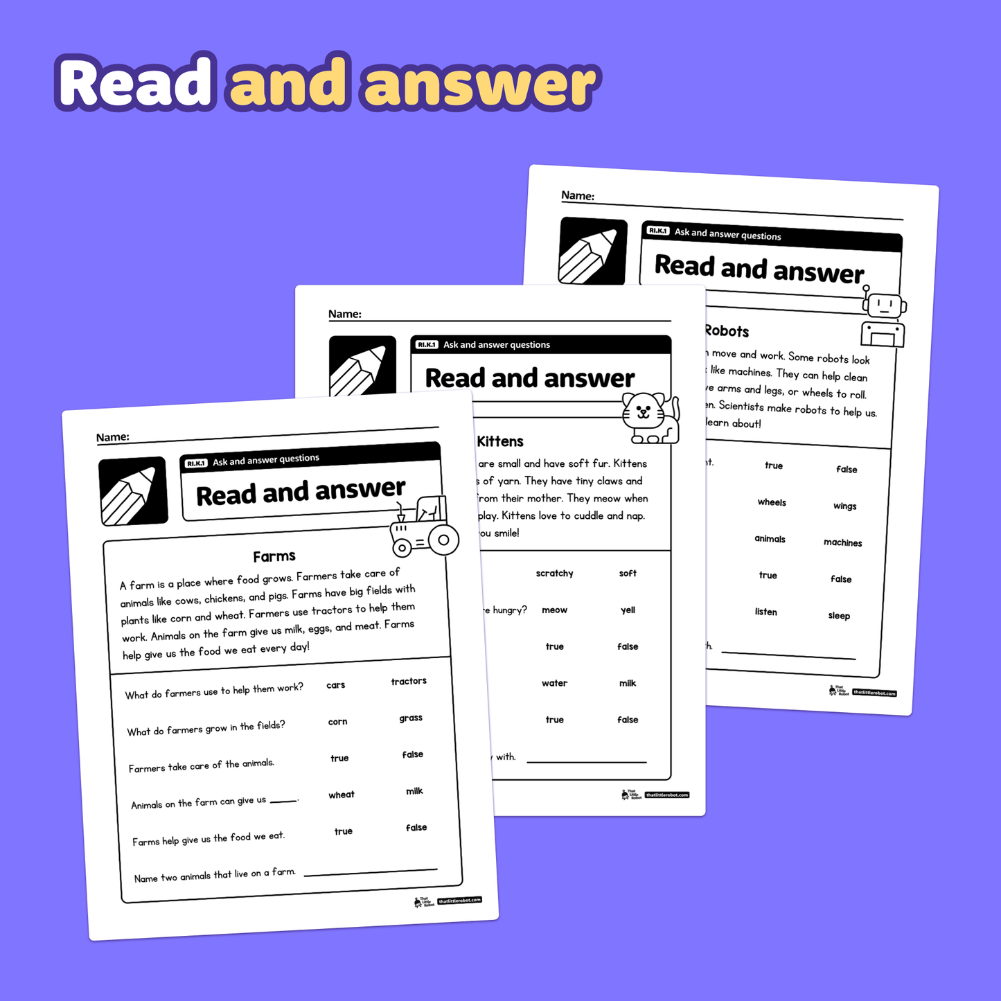 Printable kindergarten worksheets with ask and answer questions prompts.