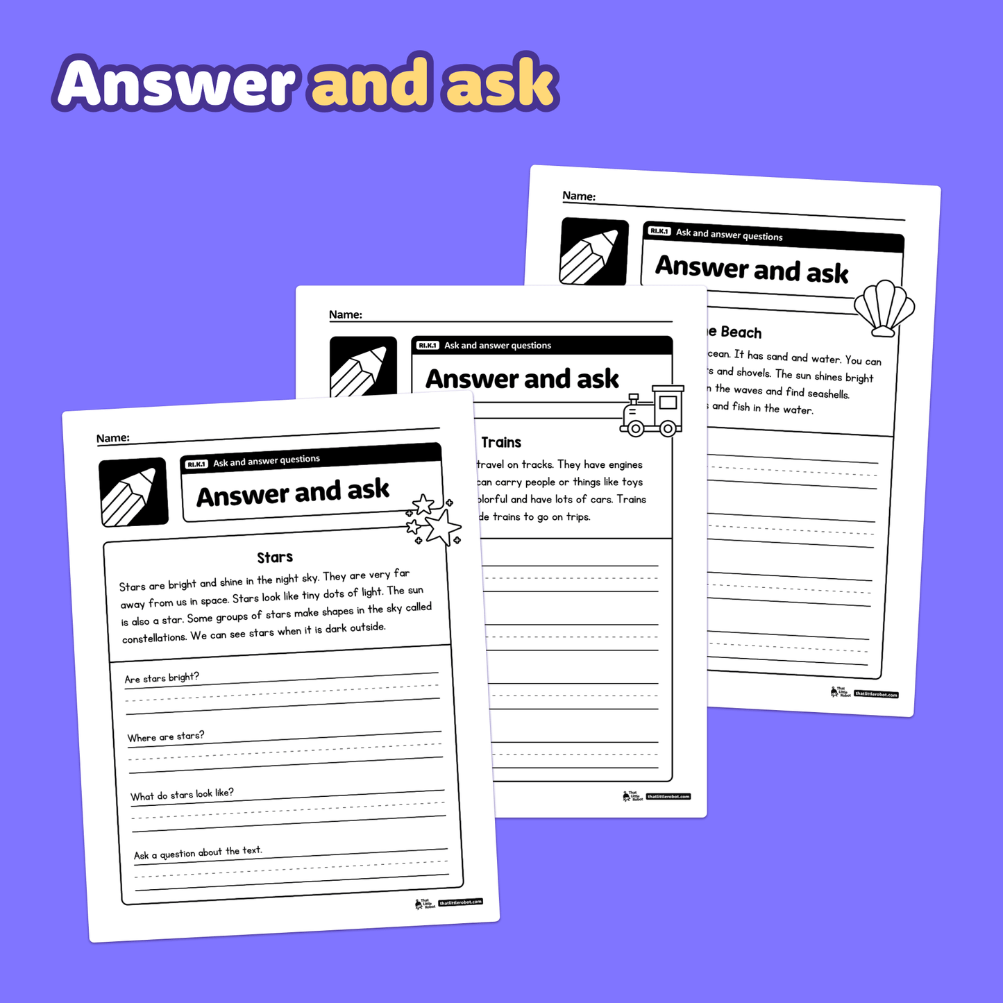 Three kindergarten worksheets with ask and answer questions and RI.K.1 labels.