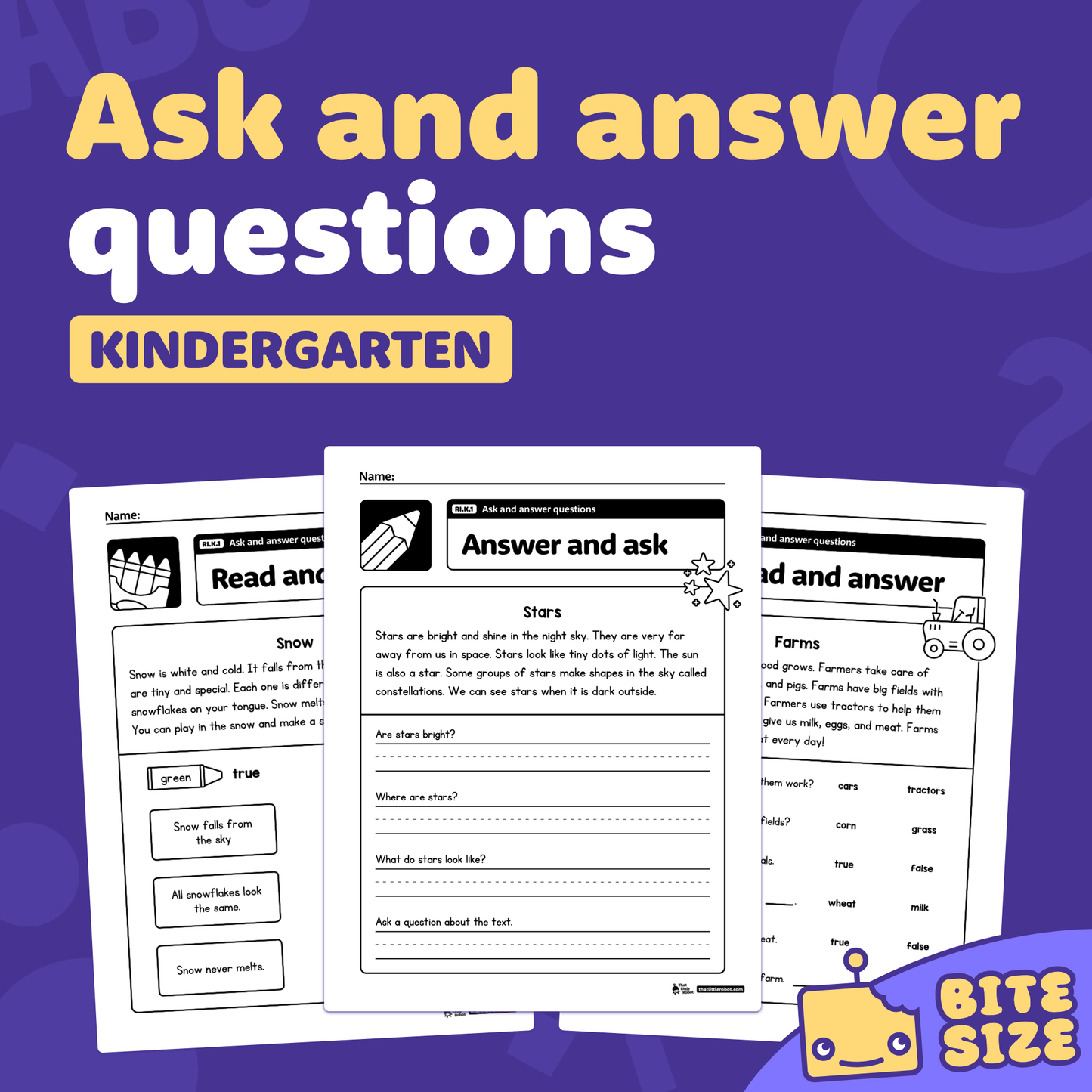 Three kindergarten worksheets labeled "Ask and Answer Questions" with a logo.