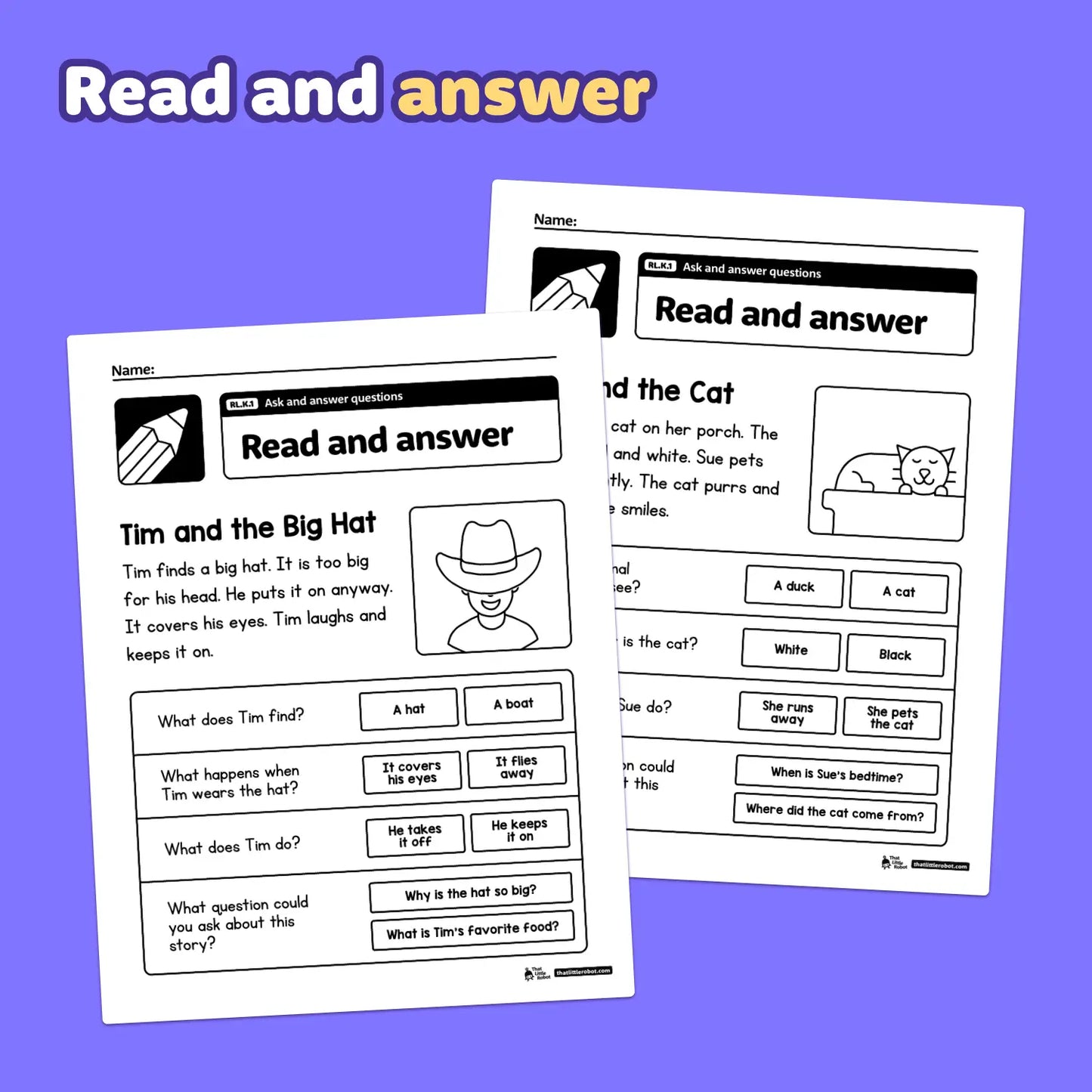 Two RL.K.1 worksheets with questions and illustrations are displayed.