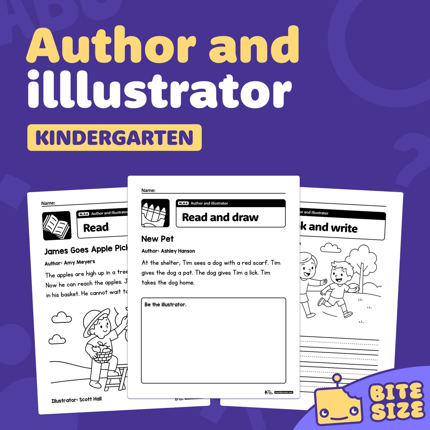 Printable PDF showing kindergarten author and illustrator worksheets, RL.K.6.