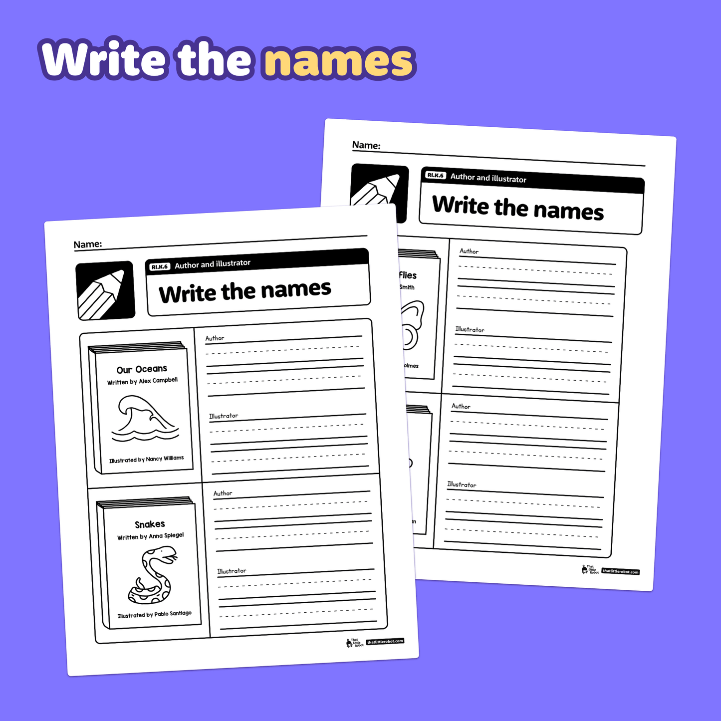 Printable kindergarten worksheets for author and illustrator name practice.